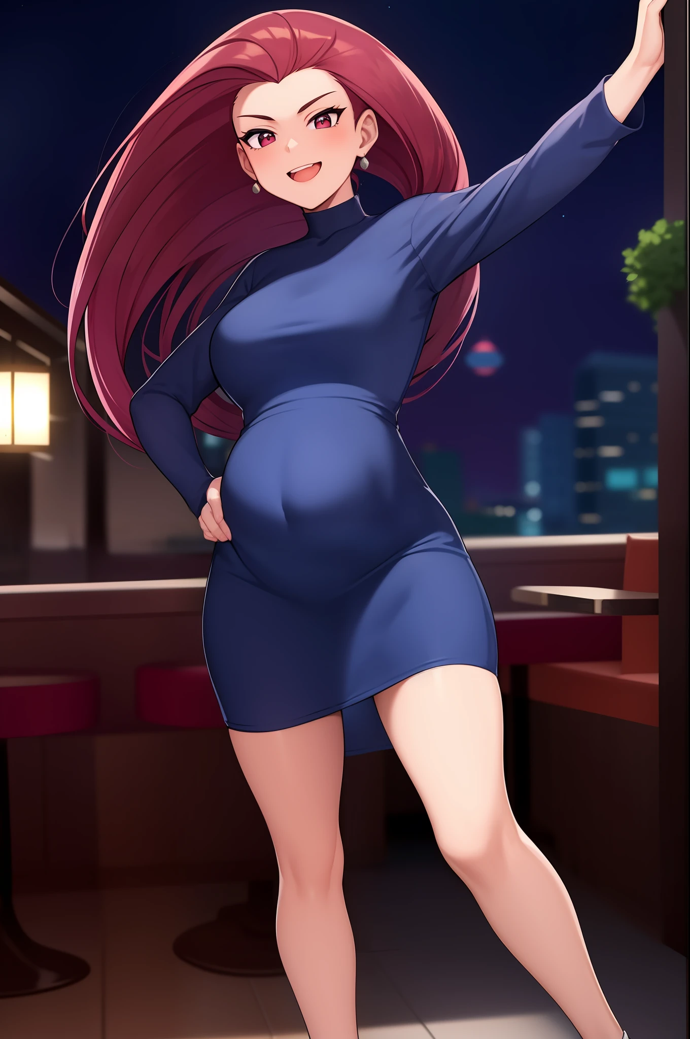 Mujer, Jessie, long hair combed back, ojos azules, dynamic pose, cabello identico al de Jessie, vestido largo, vestido de noche, amplio escote, senos grandes, sonrisa, manos en la cadera, vista desde arriba, solo, 1girl, escenario de restaurante, en un restaurante, escena nocturna, es de noche, vestido de color azul, embarazada.
