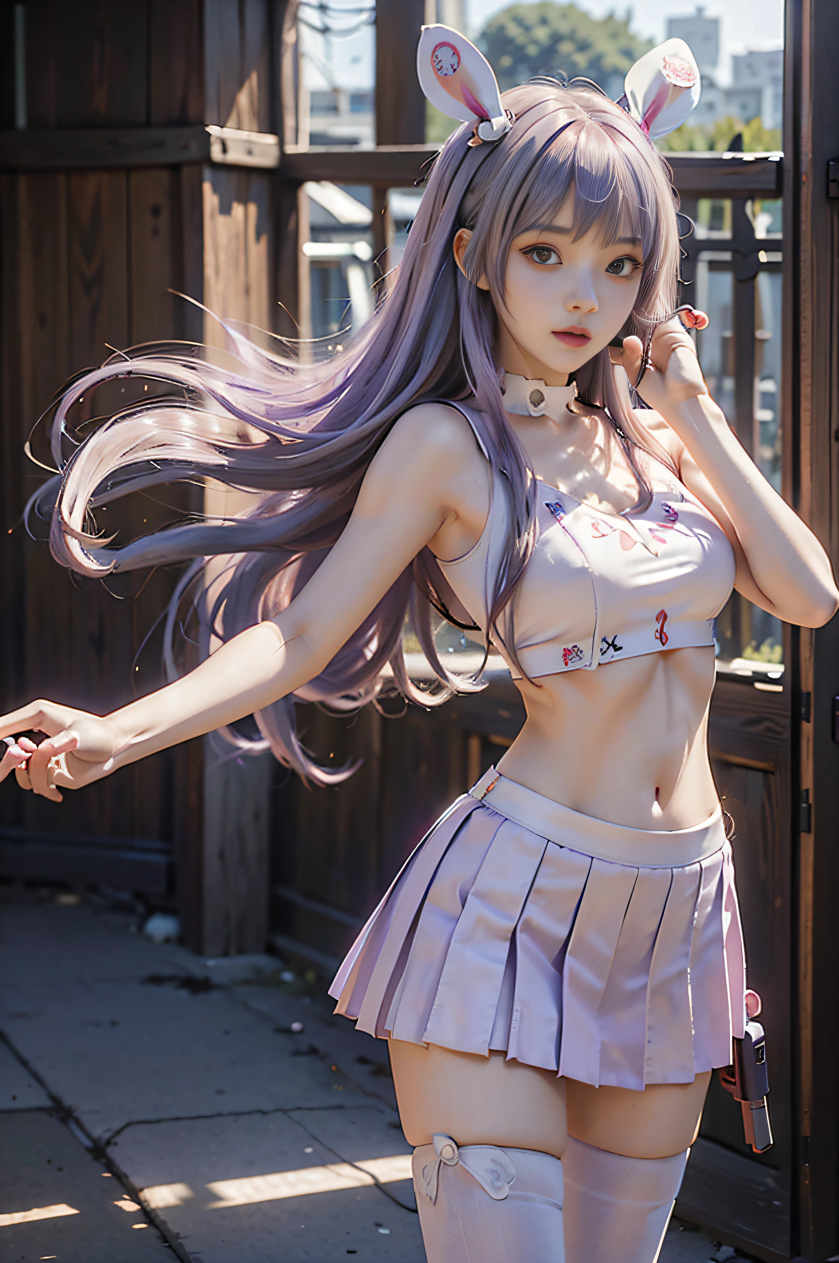 ((reisen udongein inaba)), (Touhou Project)), Cosplay, ((Light purple hair)), ((Long hair)), (((bangs)), ((White rabbit ears)))), ((dark red skirt))), (Black camisole)))), (Middle chest), (Light clothing)))), (Pause))), (Hospital)))), Slim Body, Slim Girl Model, 18-year-old female model, ((((Handgun)))