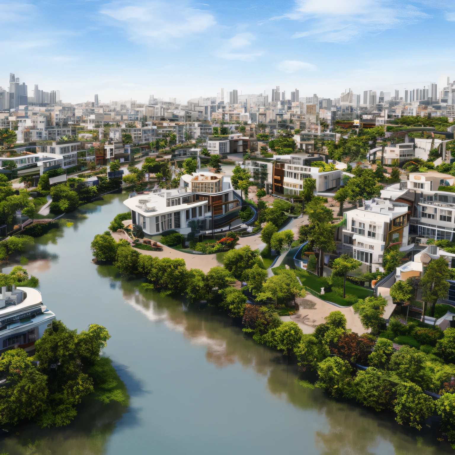 Overlooking the city effect，A river flows through，High-end residential area of the city --auto