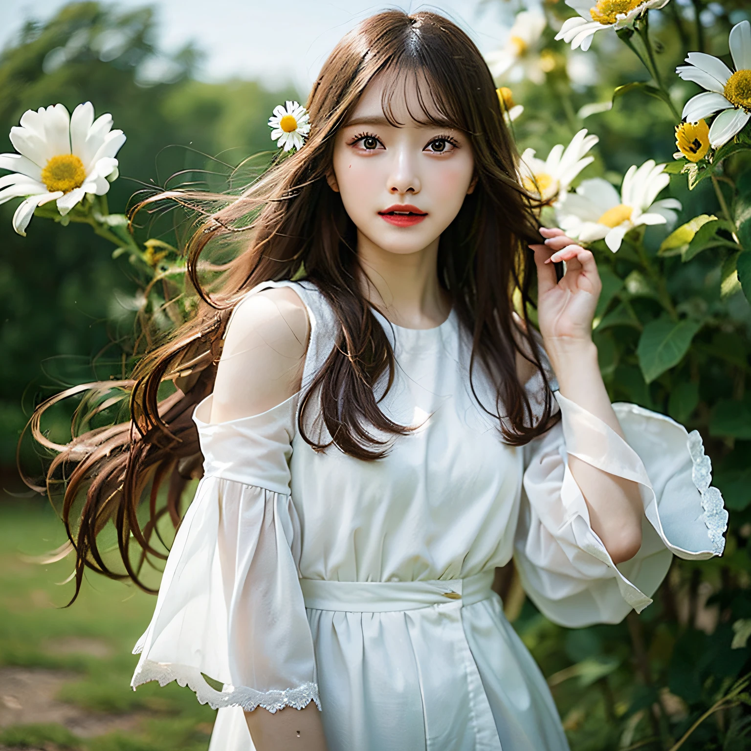 daisy, flower, Long hair、beste-Qualit、8K,Hair fluttering in the wind、photographed、Fashion brand photography、