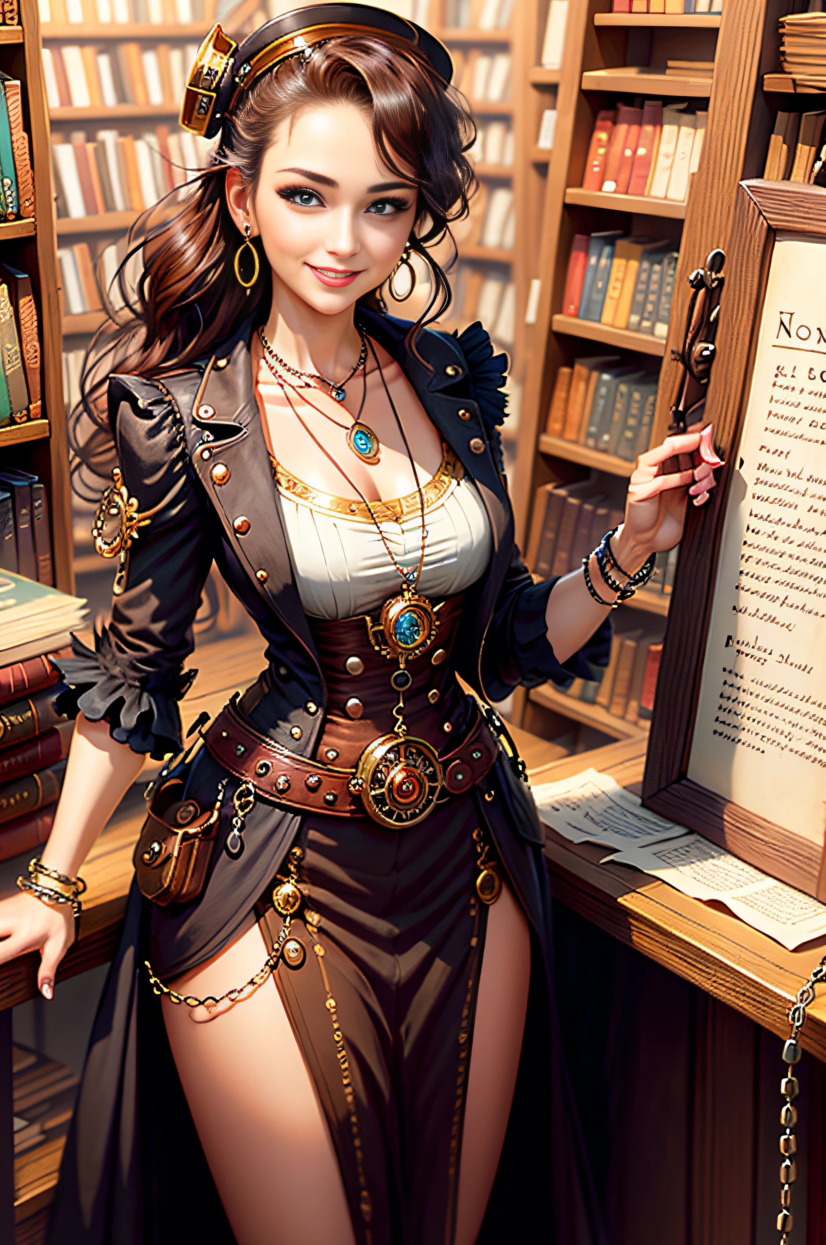 Steampunk, steampunk, smiling woman in a small bookstore, necklaces, earrings, bracelets, chains, shirts, vests, belts