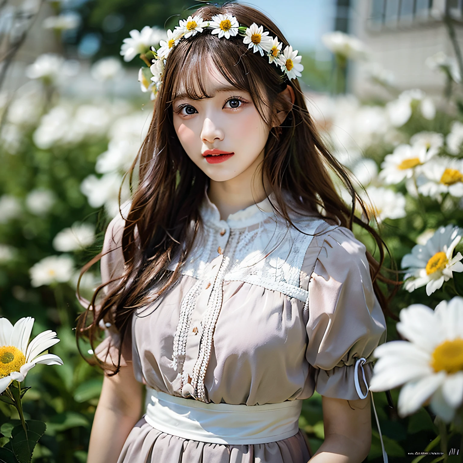daisy, flower, Long hair、beste-Qualit、８K,Hair fluttering in the wind、photographed、Fashion brand photography、