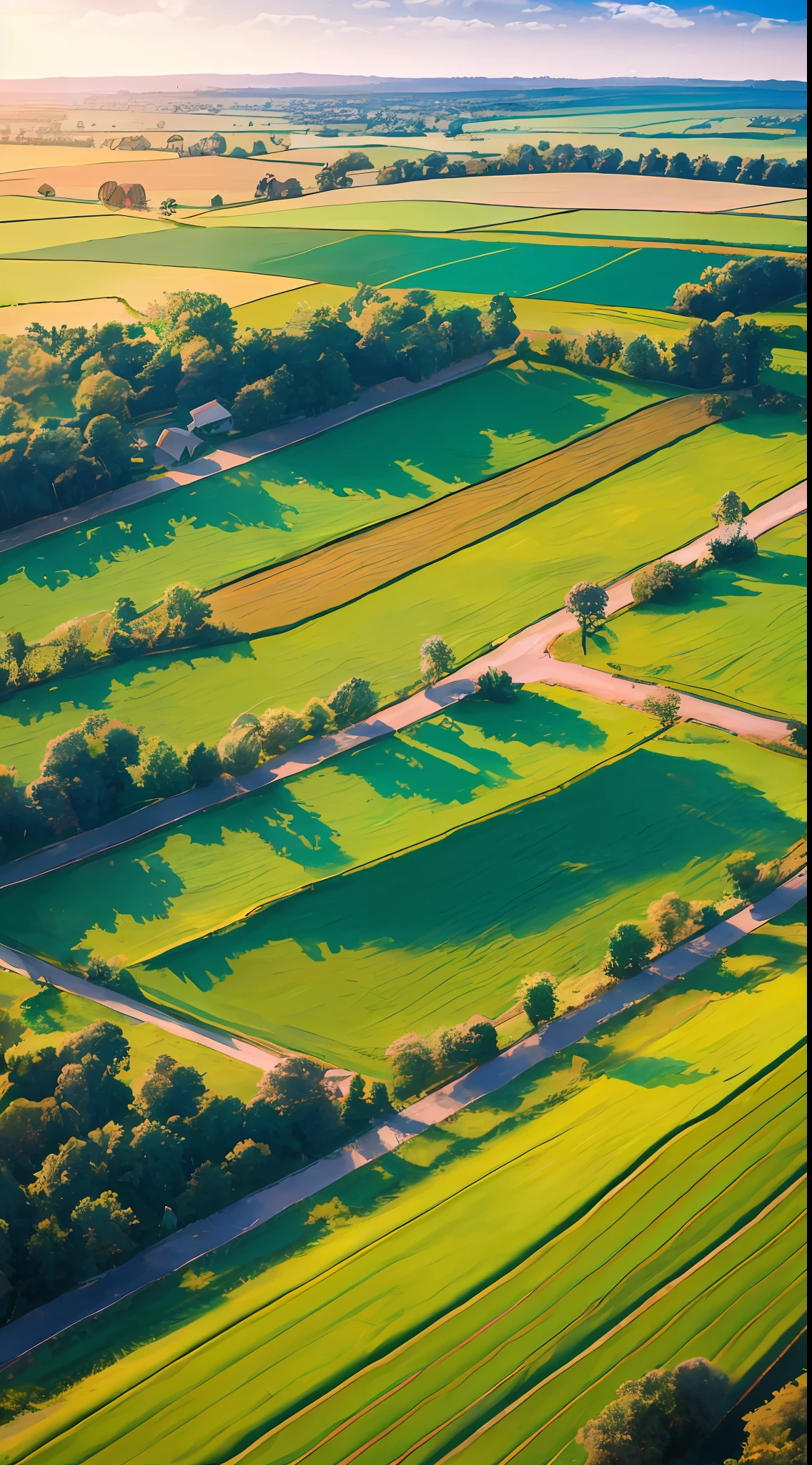 A farmer sowing seeds on a bright summer morning. The atmosphere is lively, with the farmer singing loudly, emphasizing the theme of hard work. The scene is captured from a bird’s-eye view, resembling the style of aerial drone photography. The countryside landscape is depicted with intricate details, showcasing the richness of the surroundings. The colors are vibrant and the lighting effects are realistic, creating a poster-like design. --auto
