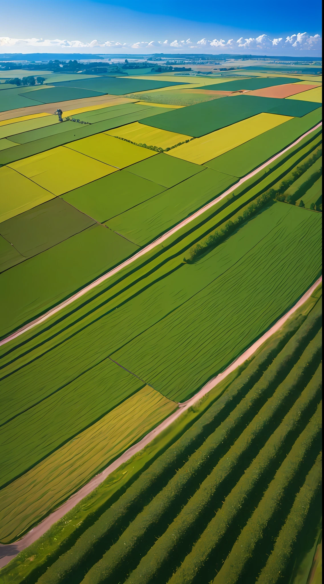 A farmer sowing seeds on a bright summer morning. The atmosphere is lively, with the farmer singing loudly, emphasizing the theme of hard work. The scene is captured from a bird’s-eye view, resembling the style of aerial drone photography. The countryside landscape is depicted with intricate details, showcasing the richness of the surroundings. The colors are vibrant and the lighting effects are realistic, creating a poster-like design. --auto