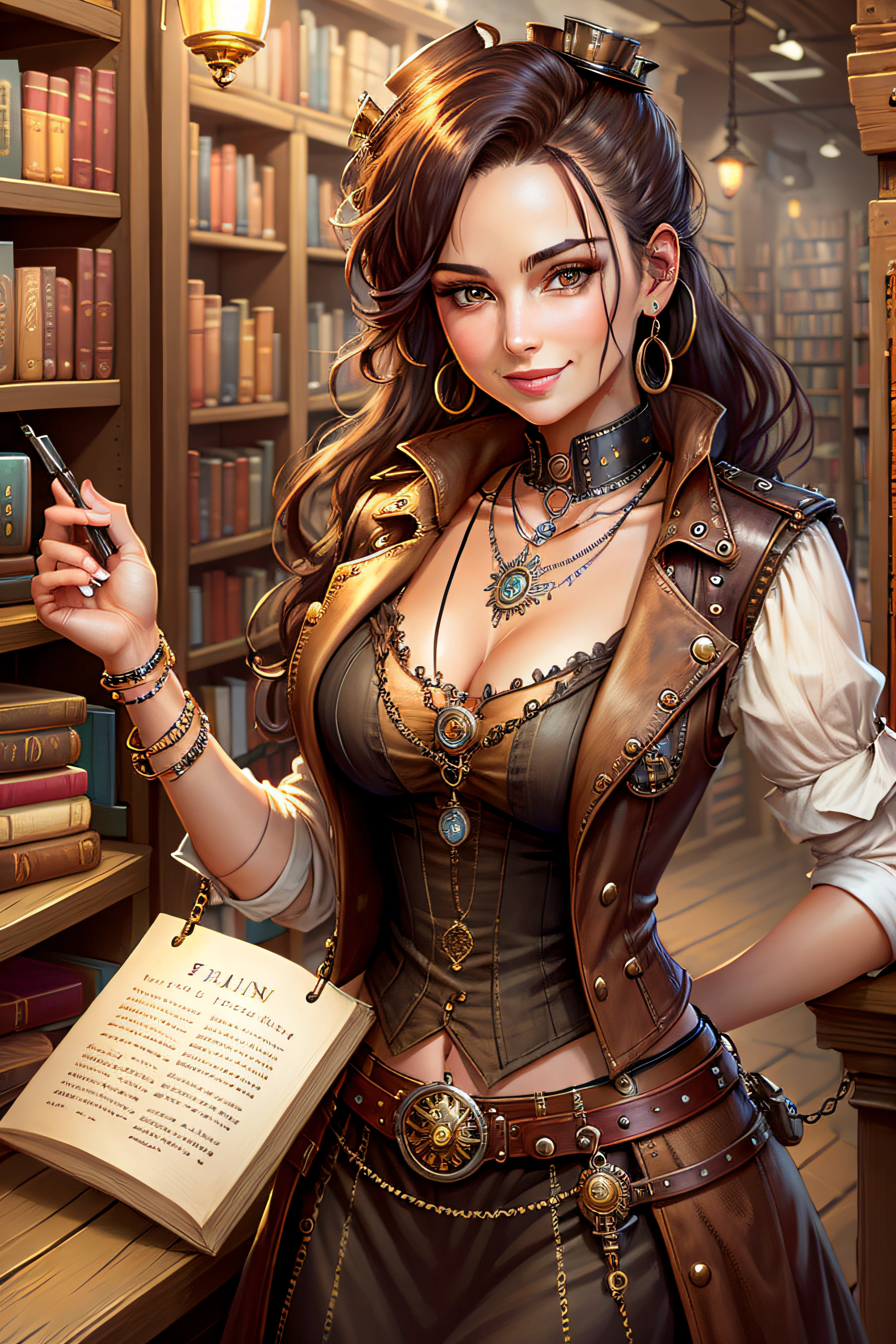 Steampunk, steampunk, smiling woman in a small bookstore, necklaces, earrings, bracelets, chains, shirts, vests, belts