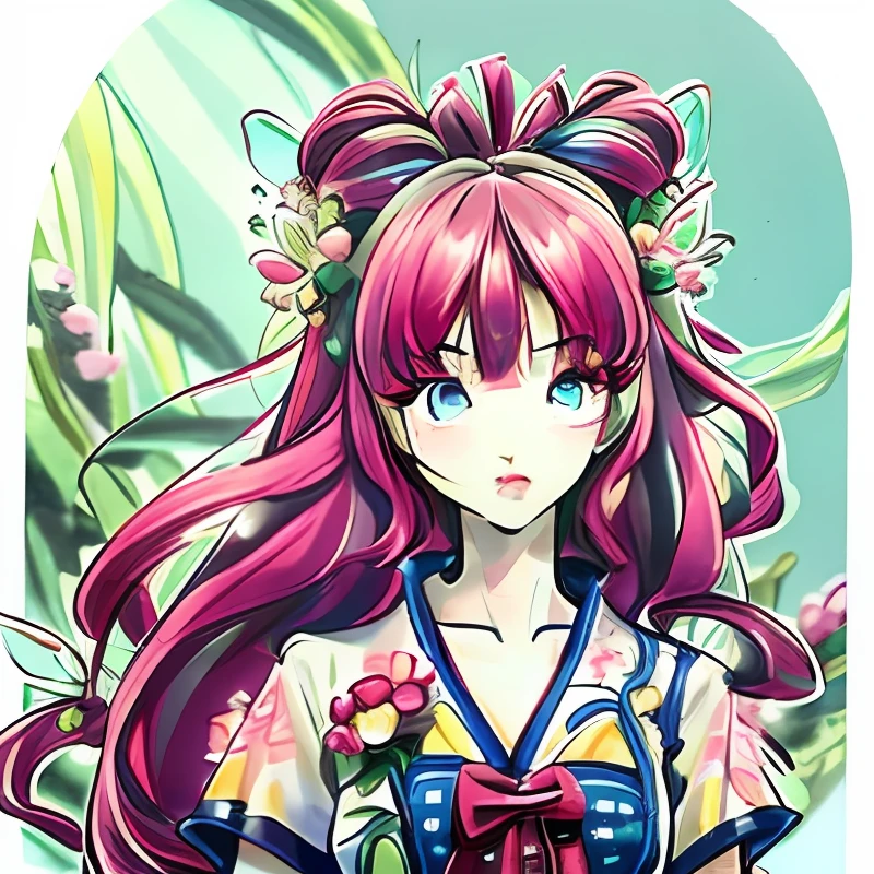 Blind box toy style,A picture of a fairy with long hair and flowers in her hair,blue hairs,Pink eyes,Pink clothes,Red flowers