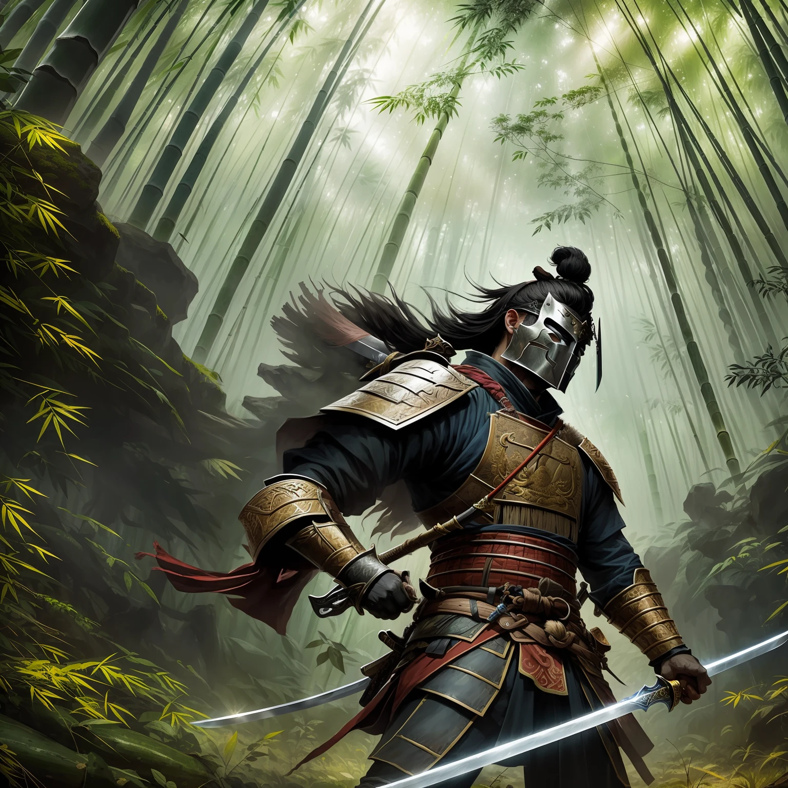 A warrior,Wear a hat on the head,Sword in hand,Split into the camera,Behind it is a bamboo forest,Realistic style,Stunning perspective,High Picture Quality --auto