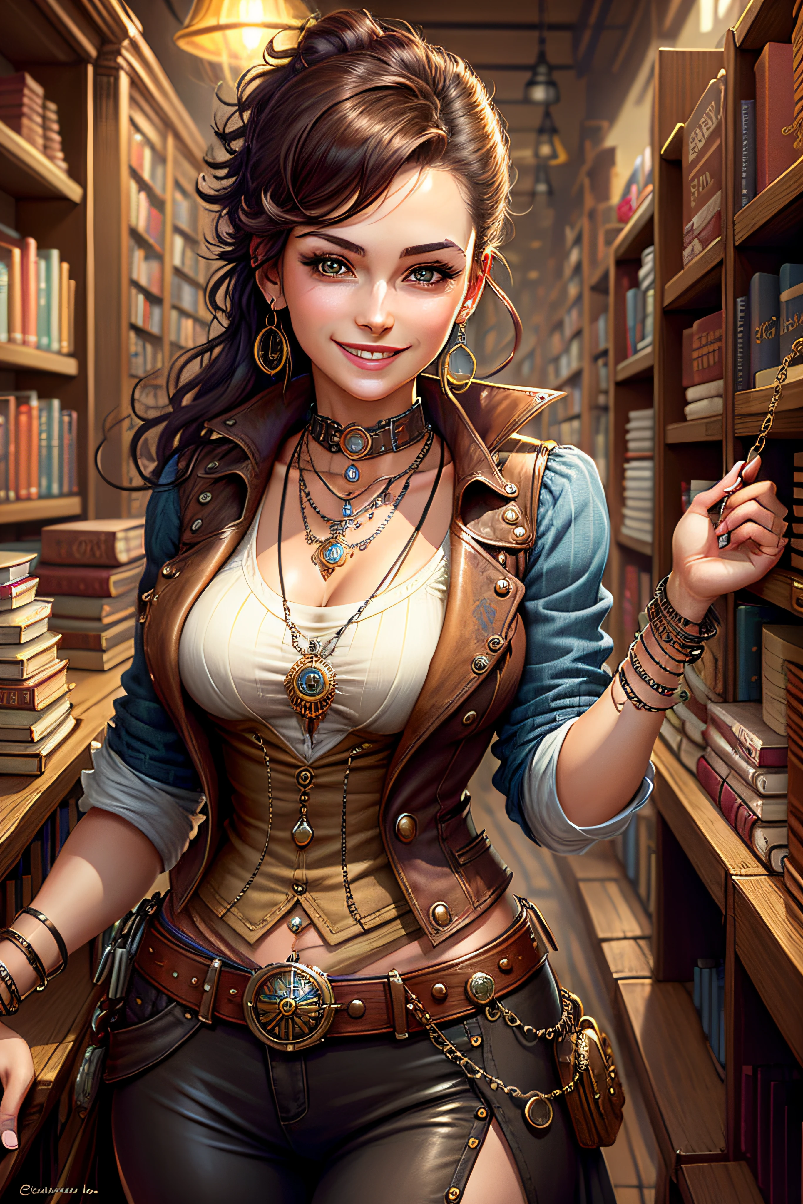 Steampunk, steampunk, smiling woman in a small bookstore, necklaces, earrings, bracelets, chains, shirts, vests, belts