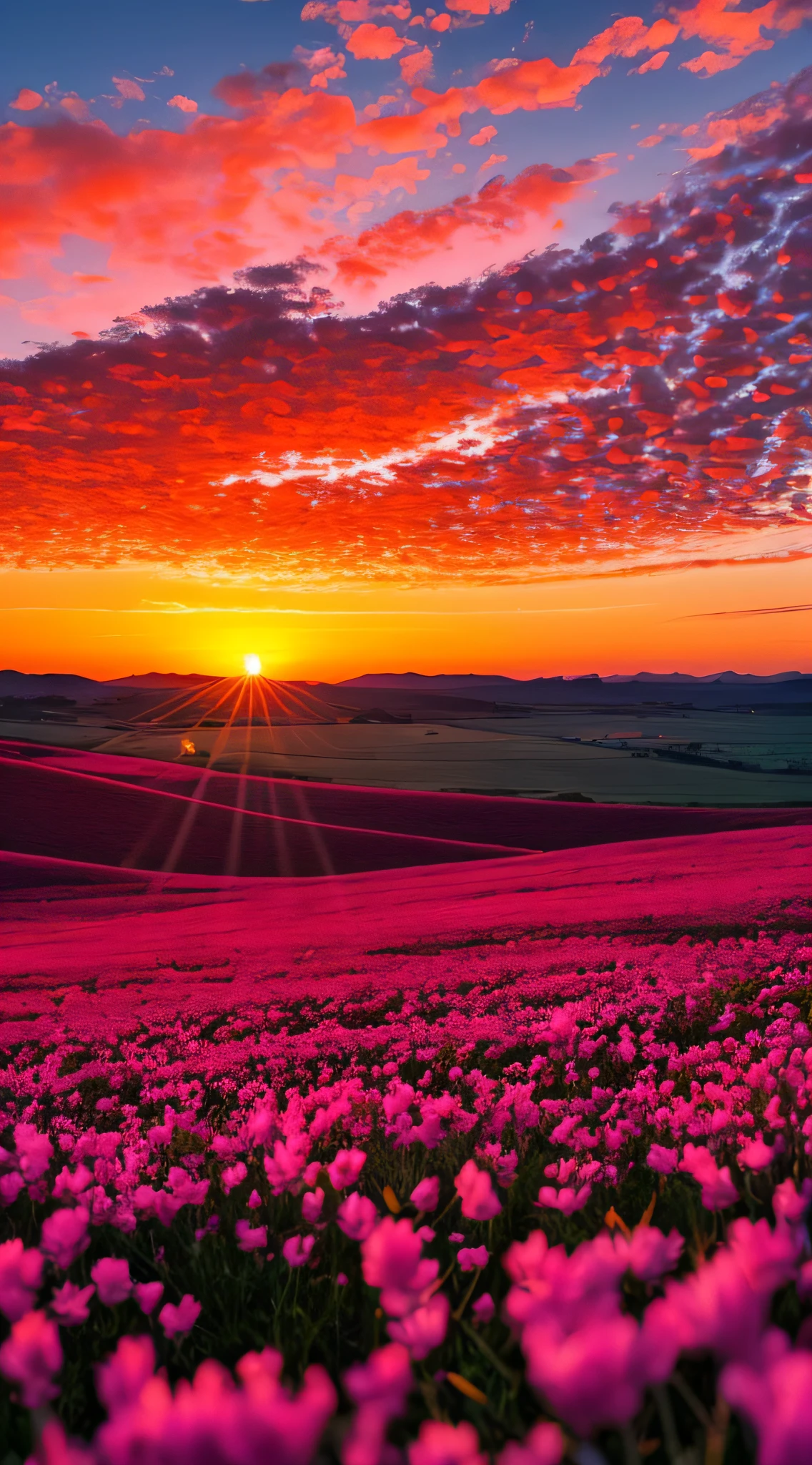 Magnificent natural landscape，Exaggerated red sky，the setting sun，Red sunset，4K，The whole sky is cloudy，The sun shines，Visually stunning，Marshmallow-like clouds，The sky is red，Close-up of clouds，The sky is full of marshmallow-like clouds S2 --auto
