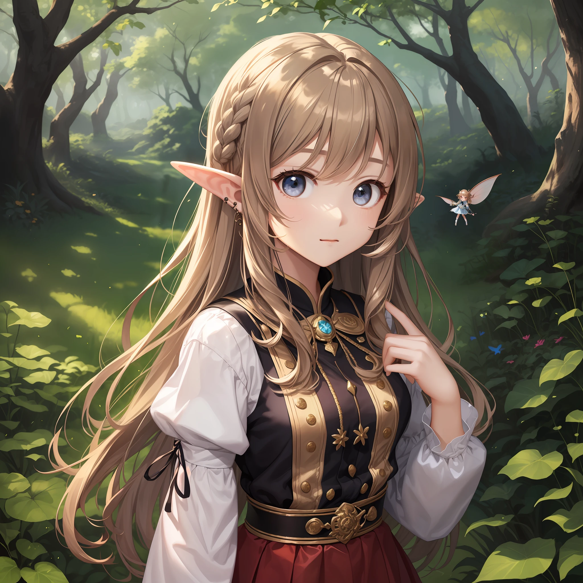 Fantastic forest、Kawaii Girl、Longhaire、Light brown hair color、elvish、slightly longer ears、Two fairies in the air、a skirt、Attractive eyes、aged 16、((巨作))、(((最好质量))、illutst