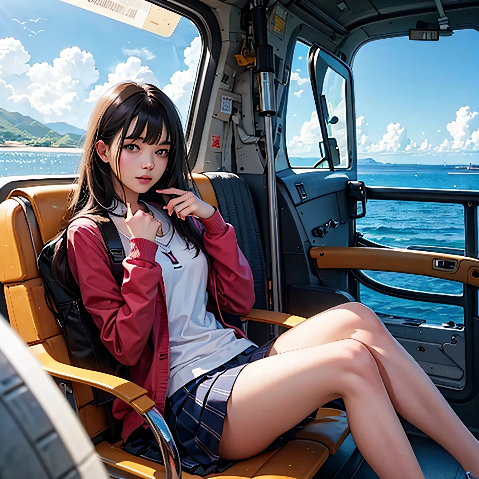 A high school girl sits by the sea --auto
