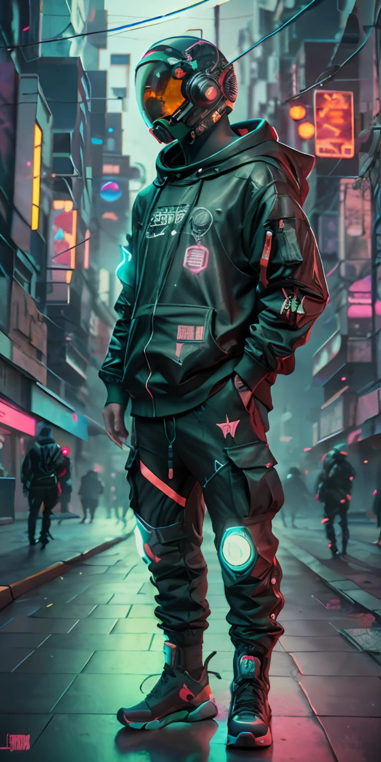 (masterpiece, full body shot, intricate raw photography) Cyberpunk citizen, comfortable oversize black hoodie, black cargo pants, neon lights details on dark clothes,wearing a black Astronaut style helmet, neon light details, intricate, futuristic, sharpness, random friendly position, Cyberpunk City, street neon lights, night, Insta photo, photo of the year, octane render, substance, Maya 3D, cinema4D, ArtStation Trending, Devian Art Trend,
