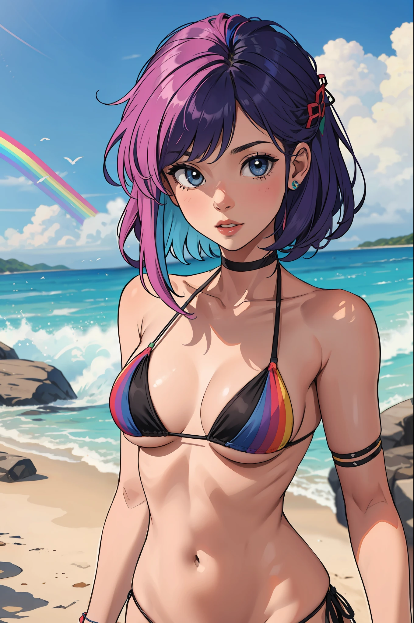 obra-prima, melhor qualidade, Girl with rainbow hair, cabelo realmente selvagem, juba, micro bikini tying