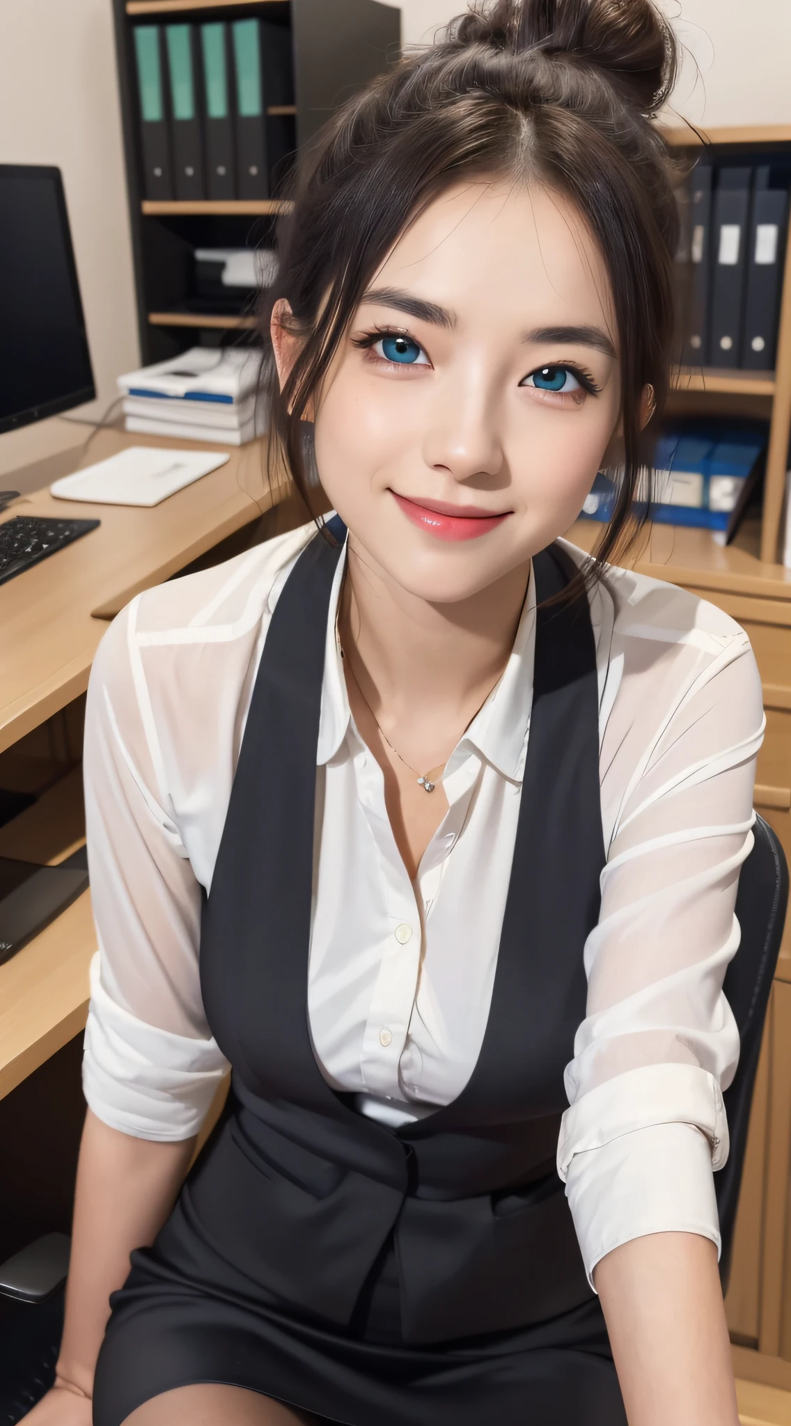 (RAW, best quality, masterpiece:1.5), (photo realistic, intricate details:1.2), ultra highres, absurdres,
1girl, beautiful face, blue eyes, green eyes, detalied eyes, symmetric eyes, light on face, nose blush, short hair, hair bun, black hair tie, 
clk, vest, suit, pencil miniskirt, white shirt, silk scarf, black pantyhose, [:20d, :0.8],
smile, small dimples, sexually suggestive, 
medium breasts, slim waist, slim legs, long legs,
sitting on chair in front of desk, perfect body, good proportions,
looking at viewer, 
(office, indoor, hyper detailed background:1.2), japan, copy machine, file cabinet, computer, monitor,
shiny skin, real skin texture, 
natural lighting, best lighting, detailed background, detailed shadow, sharp focus, depth of field f/2,
saturated, high contrast, strong light and shadow