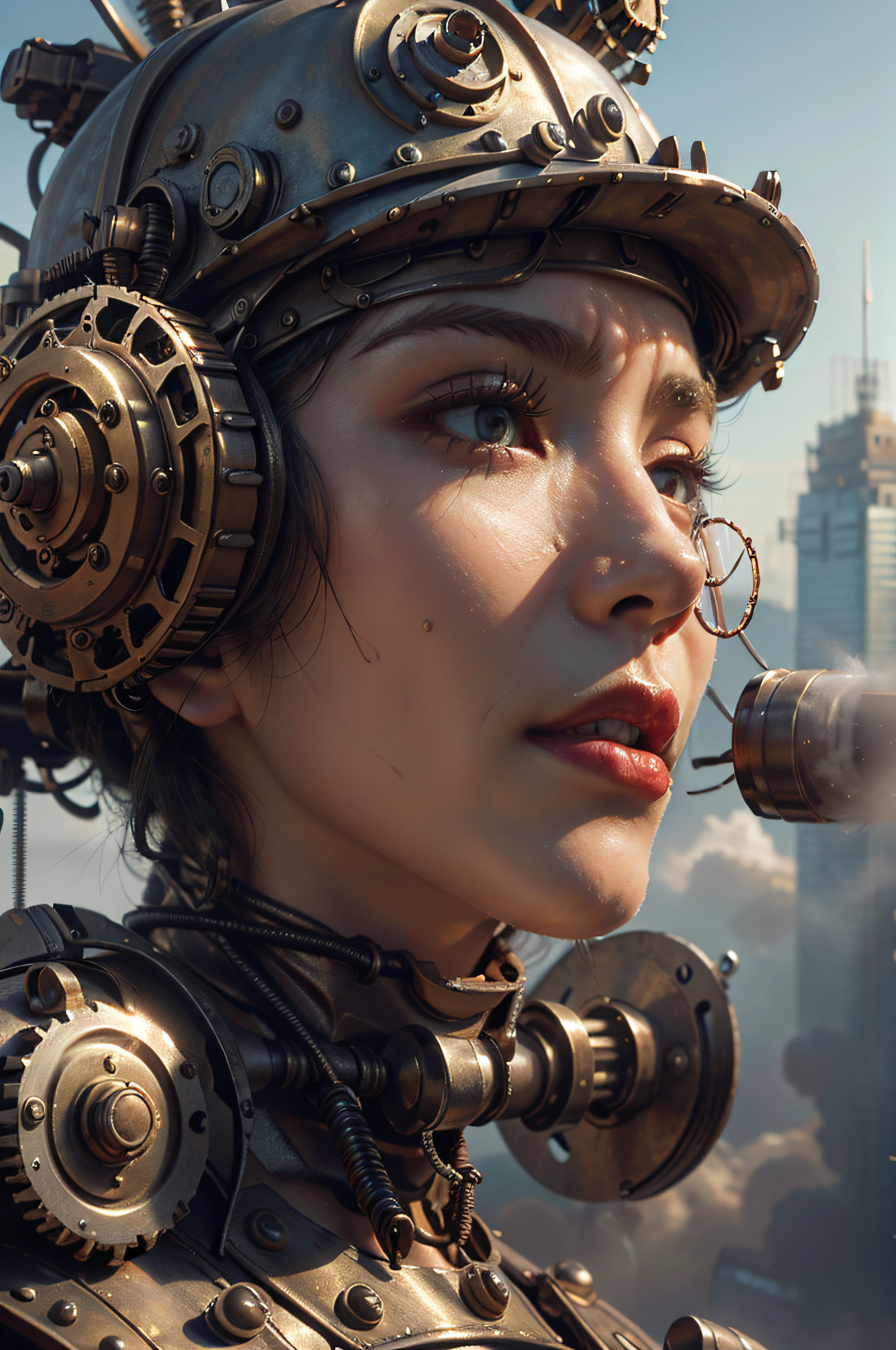 Masterpiece,melhor qualidade,fotorrealista,Melhor sombra,delicado,.RAW,ultra high res,Arte hiper-realista,gallery-grade work,Arte Oficial,wallpaper forced,64 mil,,ultra precision,visualmente impressionante,Obra-prima sublime,peak clarity,1 enorme cidade Steampunk,High-rise buildings covered by behemoth-like mechanical devices,show a scene of sharp contrast,Uma camada de nuvens subindo desordenadamente sobre a cidade,Huge steampunk buildings,The surface is covered with complex gears and mechanical devices,(vision,full view,corpo inteiro:1.2),(Nas paredes da cidade Steampunk,1 soldiers in strong mechanical armor.,Handheld Steam Gun,Guard the safety of the city:1.2),Steampunk,airship,Steam robot,