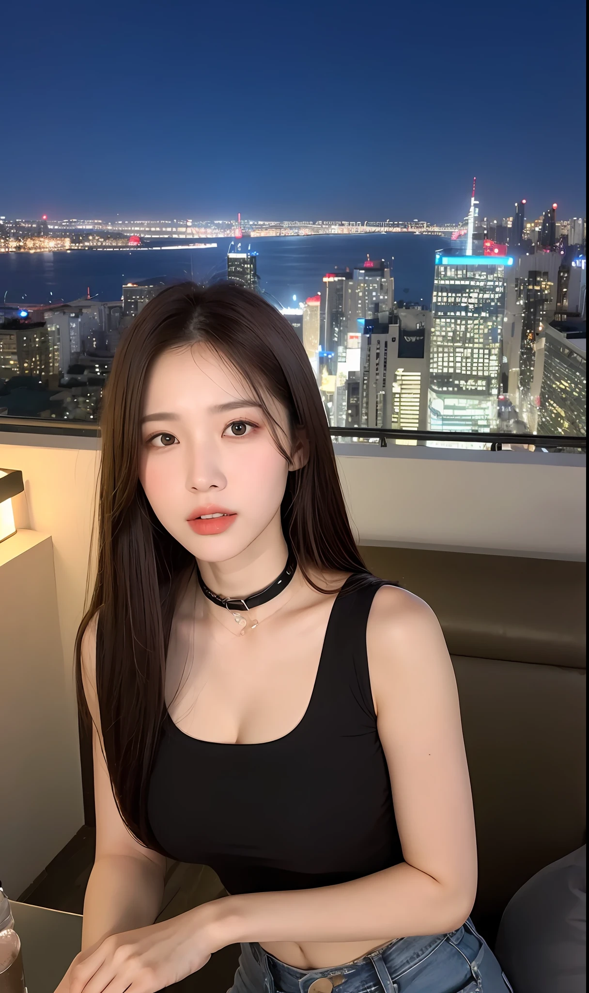((Midnight, Best quality, 8k, Masterpiece :1.3)), Whole body, Long legs, Sharp focus :1.2, A pretty woman with perfect figure :1.4, Slender abs :1.1, ((Dark brown hair, Big breasts :1.2)), (black tight tshirt, Jean bib, collar :1.2), ((Night city view, balcony :1.3)), Highly detailed face and skin texture, Detailed eyes, Double eyelid,