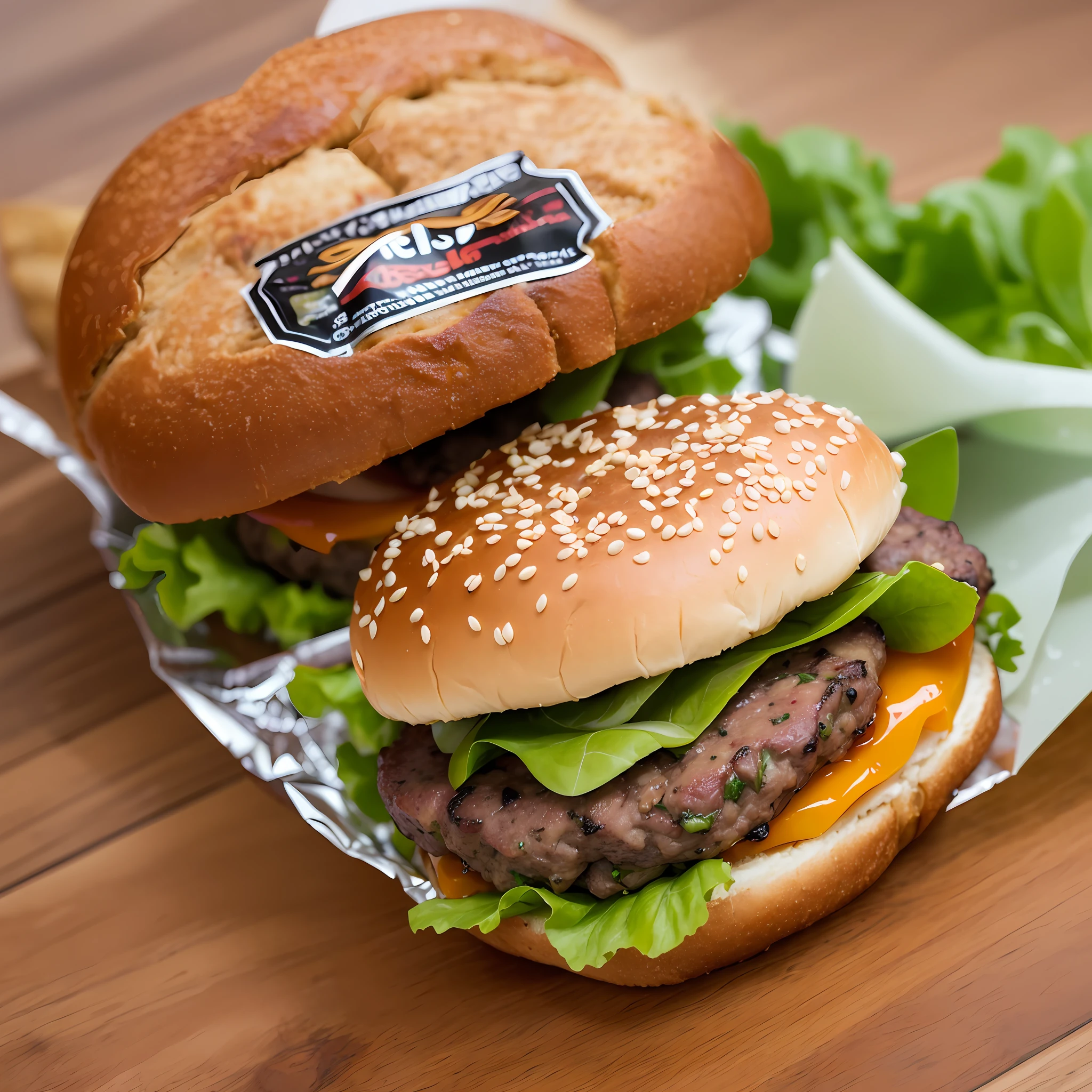 4 burgers of the best quality,ultra-high-resolution,(realisticlying:1.4),hyper detailled,incredible detailed,Aluminum foil packaging,big macs,Fried meat,Wet lettuce,melted cheese,tomatoes