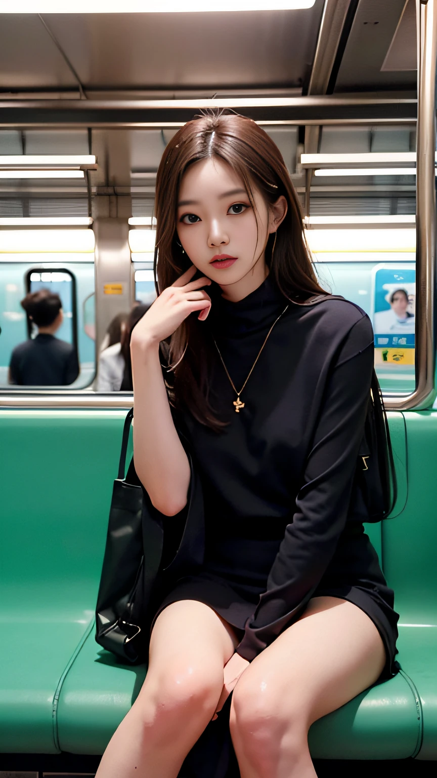 Slender Asian girl, kpop idol, ((in the subway)), ((top quality, 8k, masterpiece: 1.3)), crisp focus: 1.2, beautiful woman with perfect figure: 1.4, highly detailed face and skin texture, detailed eyes, skinny, beautiful face, symmetrical face, full-length, sexy, sitting