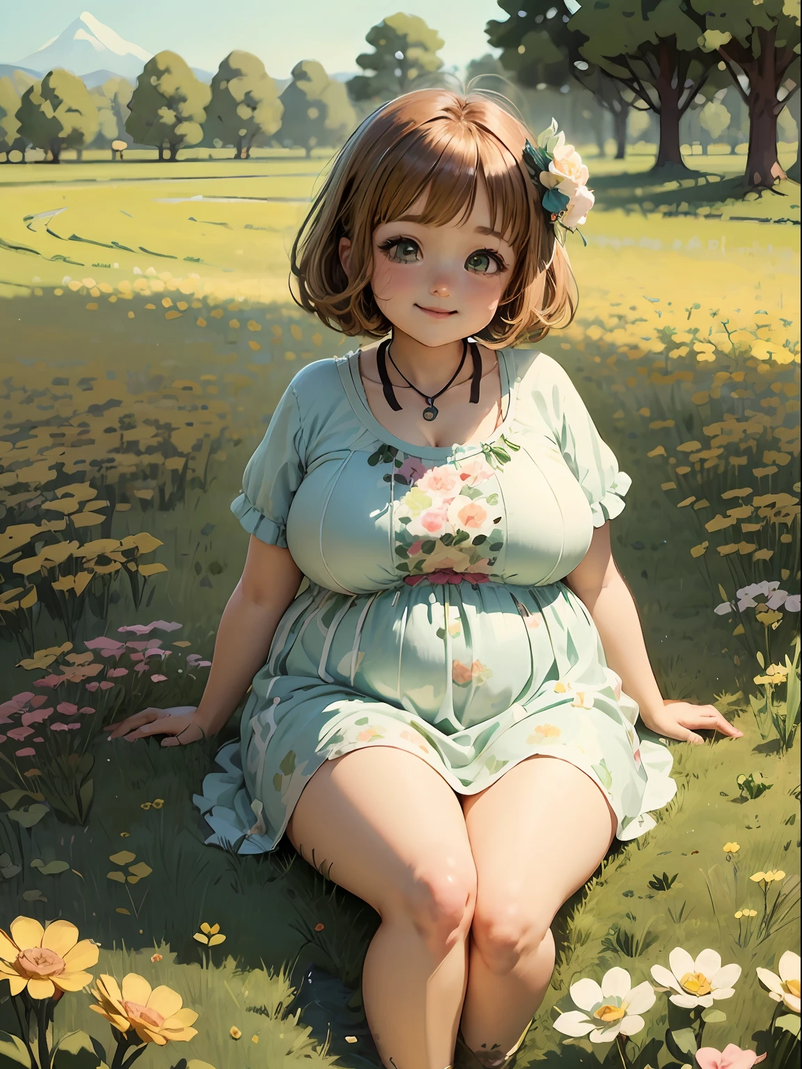 ((masterpiece)), ((best quality)), (ultra-detailed), ((kawaii)), cute, (lovely), anime style, green meadow, daytime, a girl, chil,, beautiful light brown hair0, ((beautiful eyes)), large breast, fat, overweight, light smile --auto