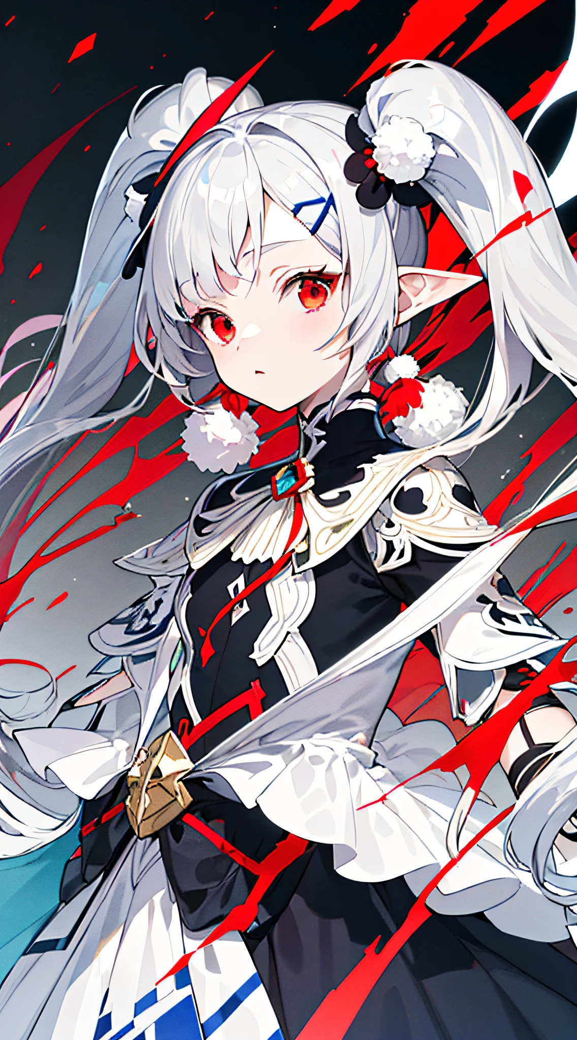 巨作,Best quality,Flat color,offcial art,white theme,(Ultra-detailed),(illustration),(An extremely delicate and beautiful girl),(+++++(Silver hair)//),four ponytail,(Long shot:1.3),(Red eyes:1.3),(++++++(Low Twin Tails:1.6)//) ,Super beautiful,longbig ears, pompom tail, Whole body,