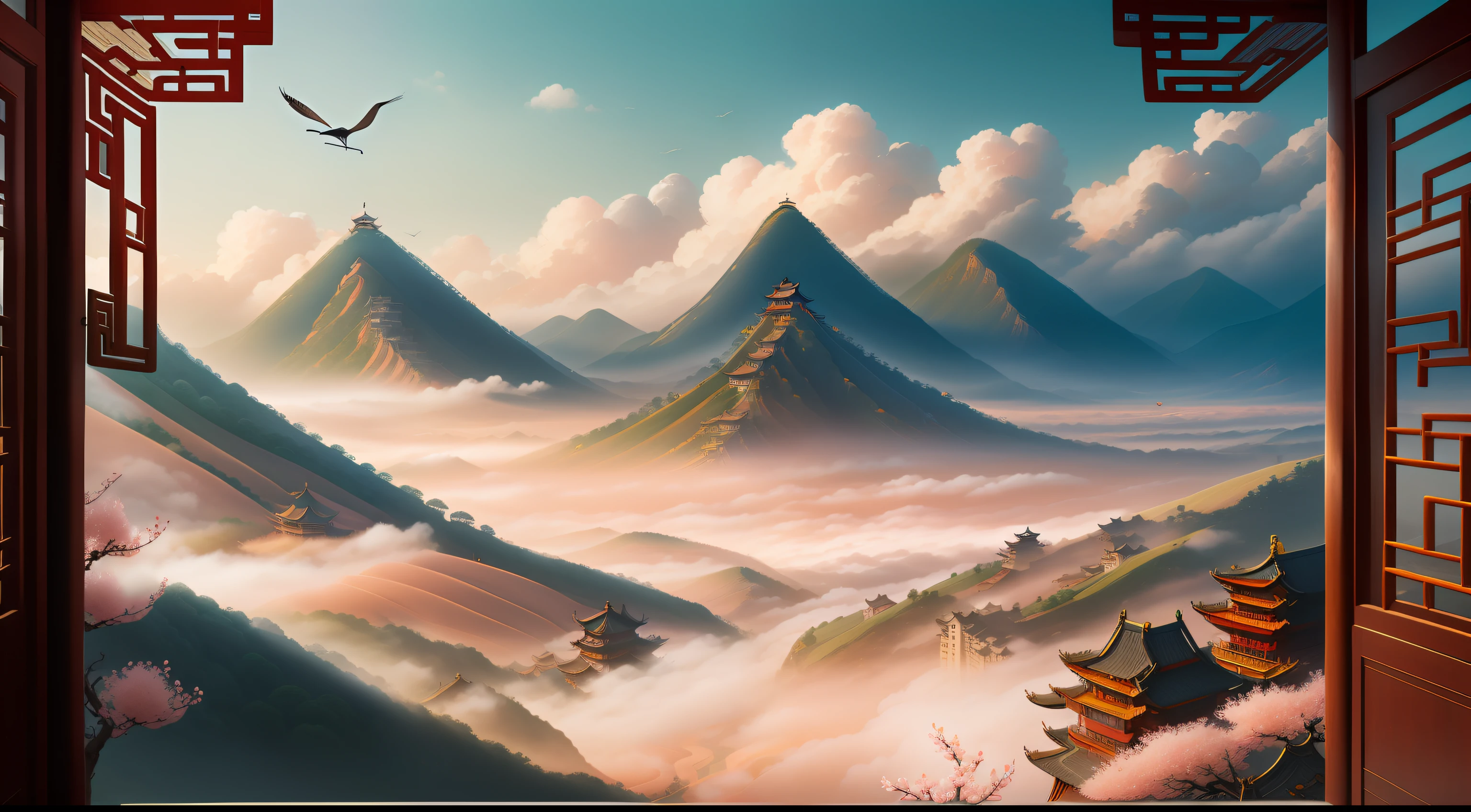 Ancient Chinese valleys，Shrouded in fog，There are cranes，Clouds，The valley is full of peach blossoms and trees，There are very huge palaces in the valley，The palace is 50 stories high，The palace has a golden roof --auto