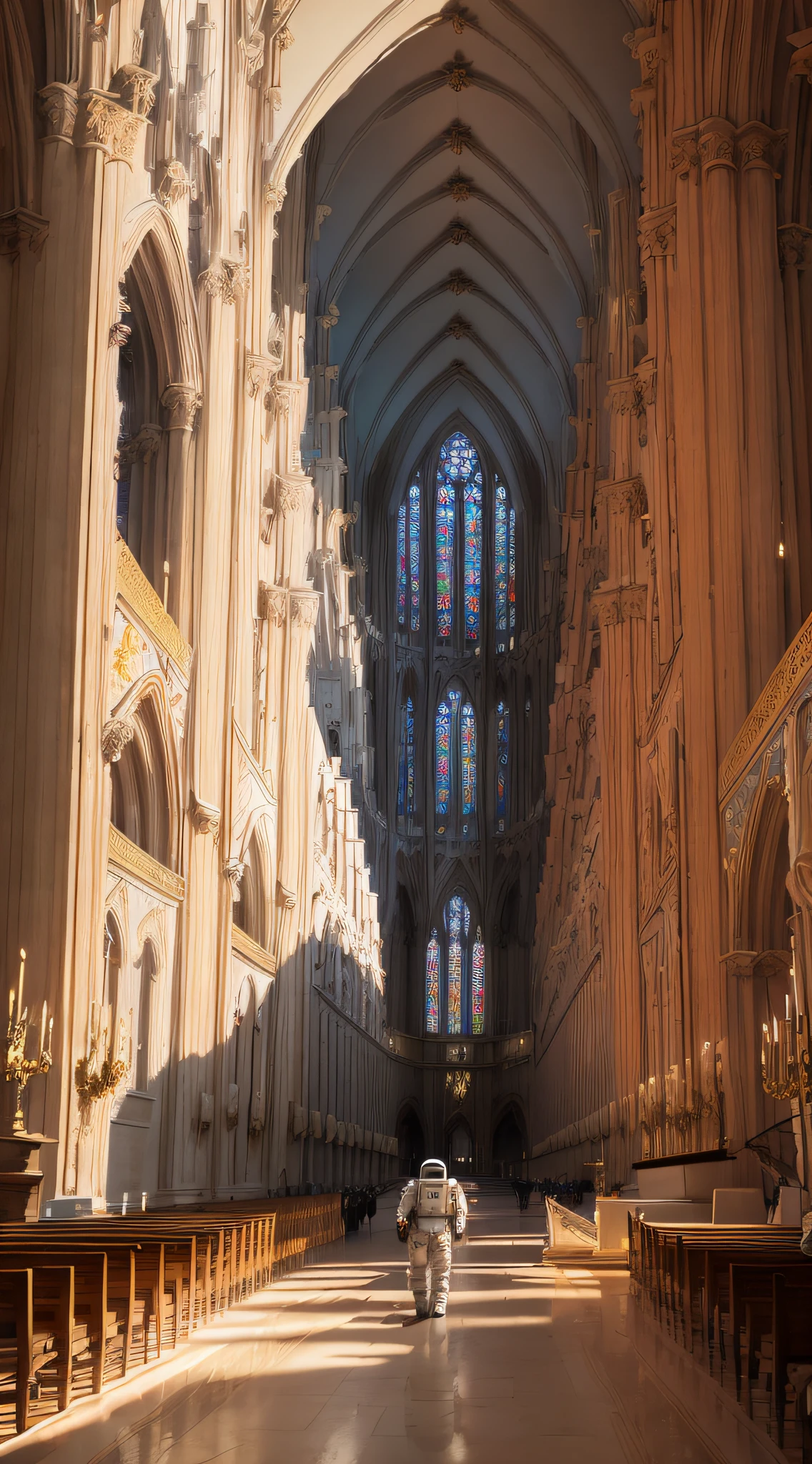((巨作)), ((Best quality)), 8K, High Details, Ultra-detailed, An astronaut standing in the center of a grand cathedral adorned with ancient architecture