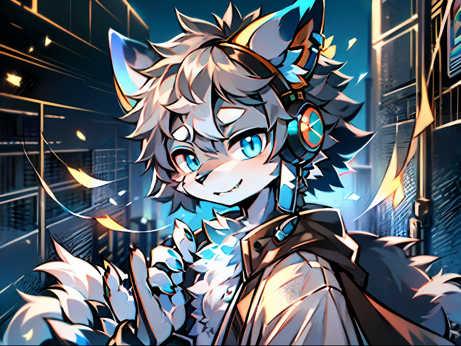 eyes with brightness, a panoramic view, Character focus ,Back Shadow,独奏,solo person, Correct human anatomy。male people,The eyes are blue,A pair of dragon wings, Gray hair(The long),Wear white ear headphones,There is a pair on the forehead(small nipple)Blue horn fluorescence,festivity,at the street side,Take control of the magic,Ice floating in your hands,Young style,Height one meter seven,Handsome, There is a wolf tail,Hi-Def,8K,1440*2048