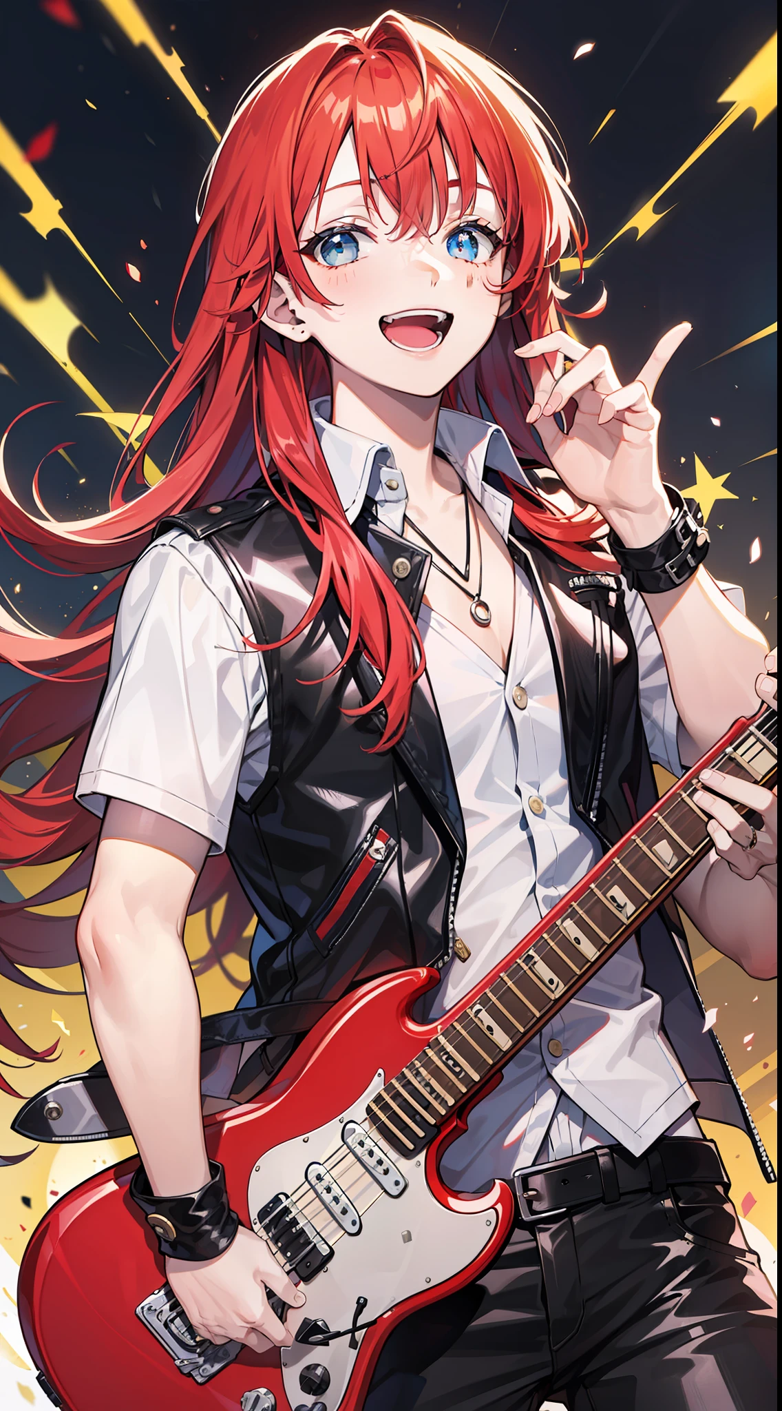 Young guy, Long red hair, blue eyes, red sleeveless leather vest, electric guitar, Cheerful smile, open mouth, Masterpiece, high qulity