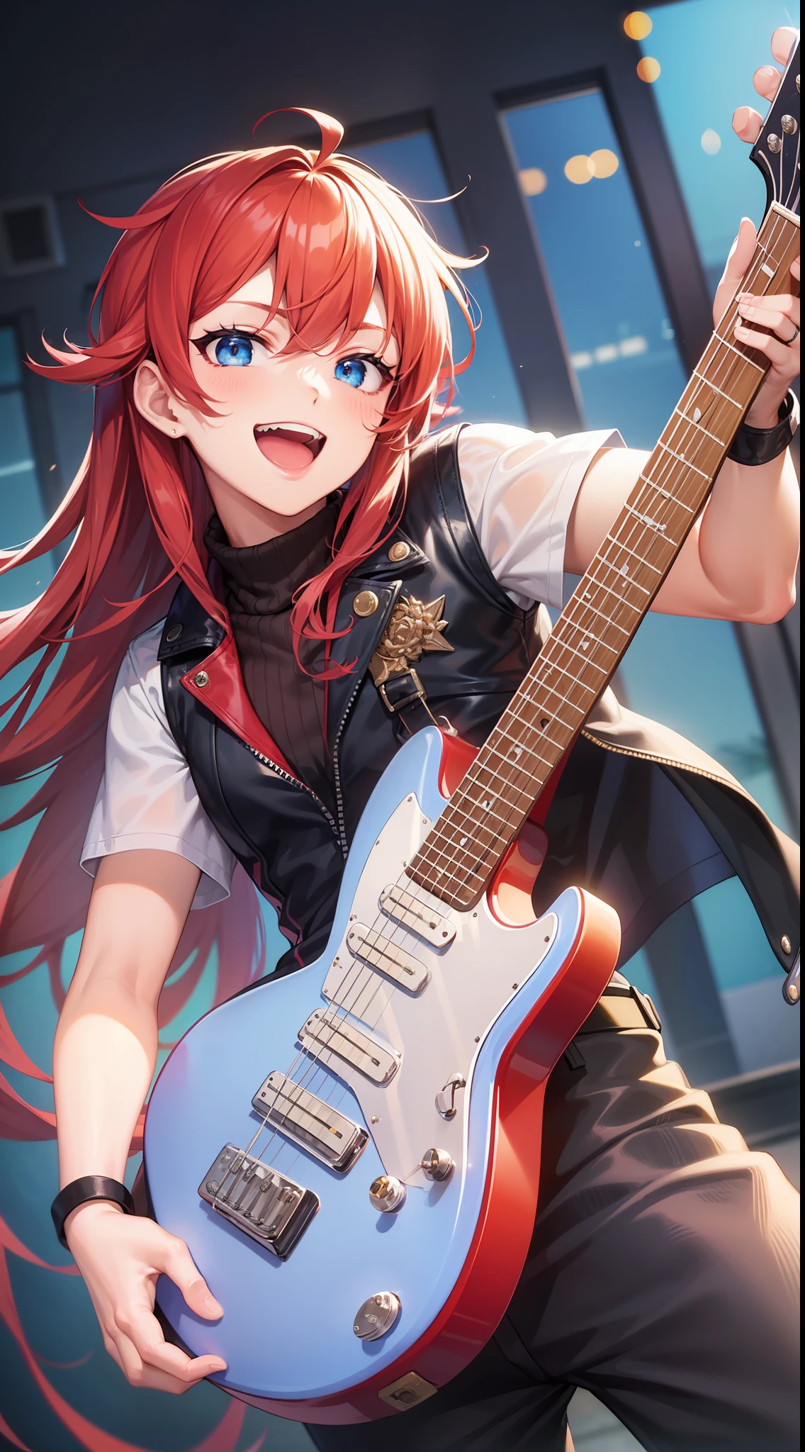 Young guy, Long red hair, blue eyes, red sleeveless leather vest, electric guitar, Cheerful smile, open mouth, Masterpiece, high qulity