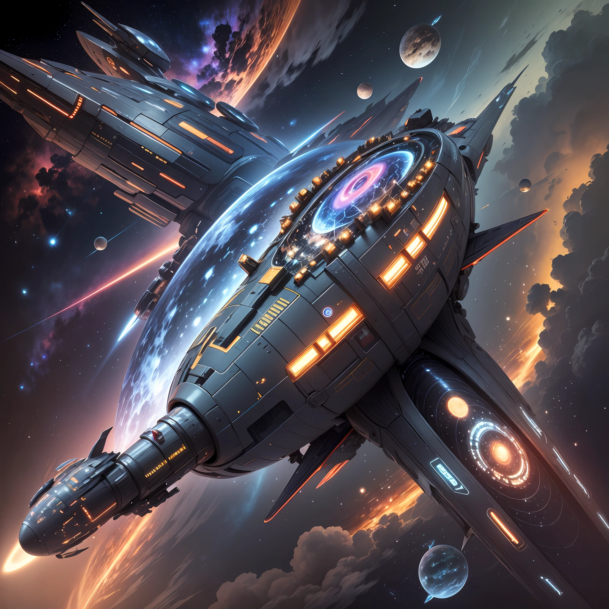 Space battleship、sci-fi movie、A futuristic world、Science fiction universe space、Bank Starfield、Saturn ring、Tech shines、Light energy magnetic levitation、Quantum collision、Time travel、ultra high def、hyper-detailing,Deep view、Lagrange --auto --s2