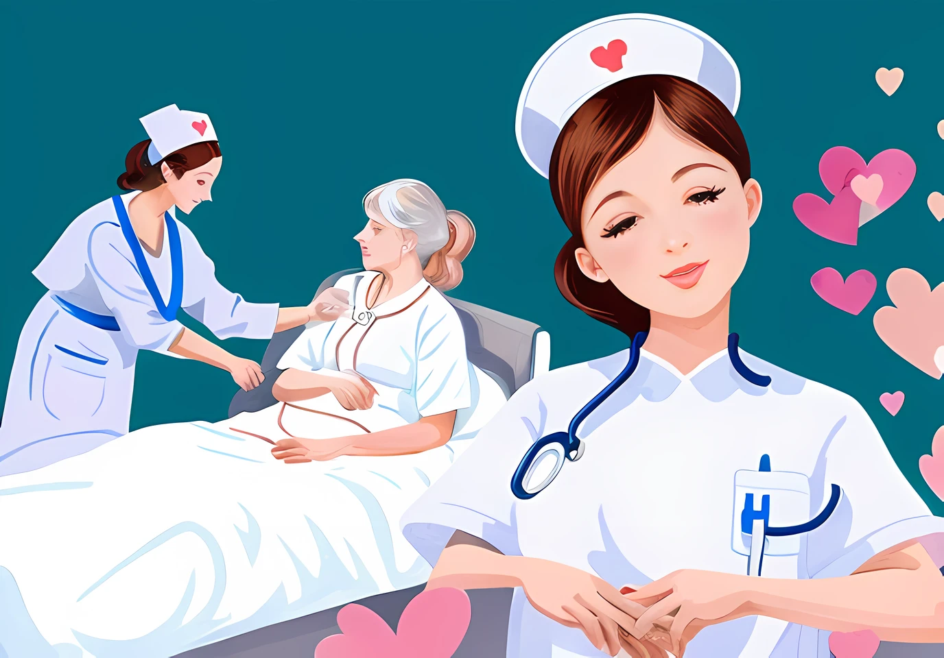 there is a nurse making a heart with her hands, nursing, healthcare worker, nurse, nurse girl, medical illustration, hospital in background, nursing home, Digital illustration, digital illustration -, Numbers washes, illustration!, A beautiful artwork illustration, Stylized digital illustration, Fine quality illustrations, medical depiction, Wearing a white hospital gown, caring, Beautiful illustration, in hospital bed