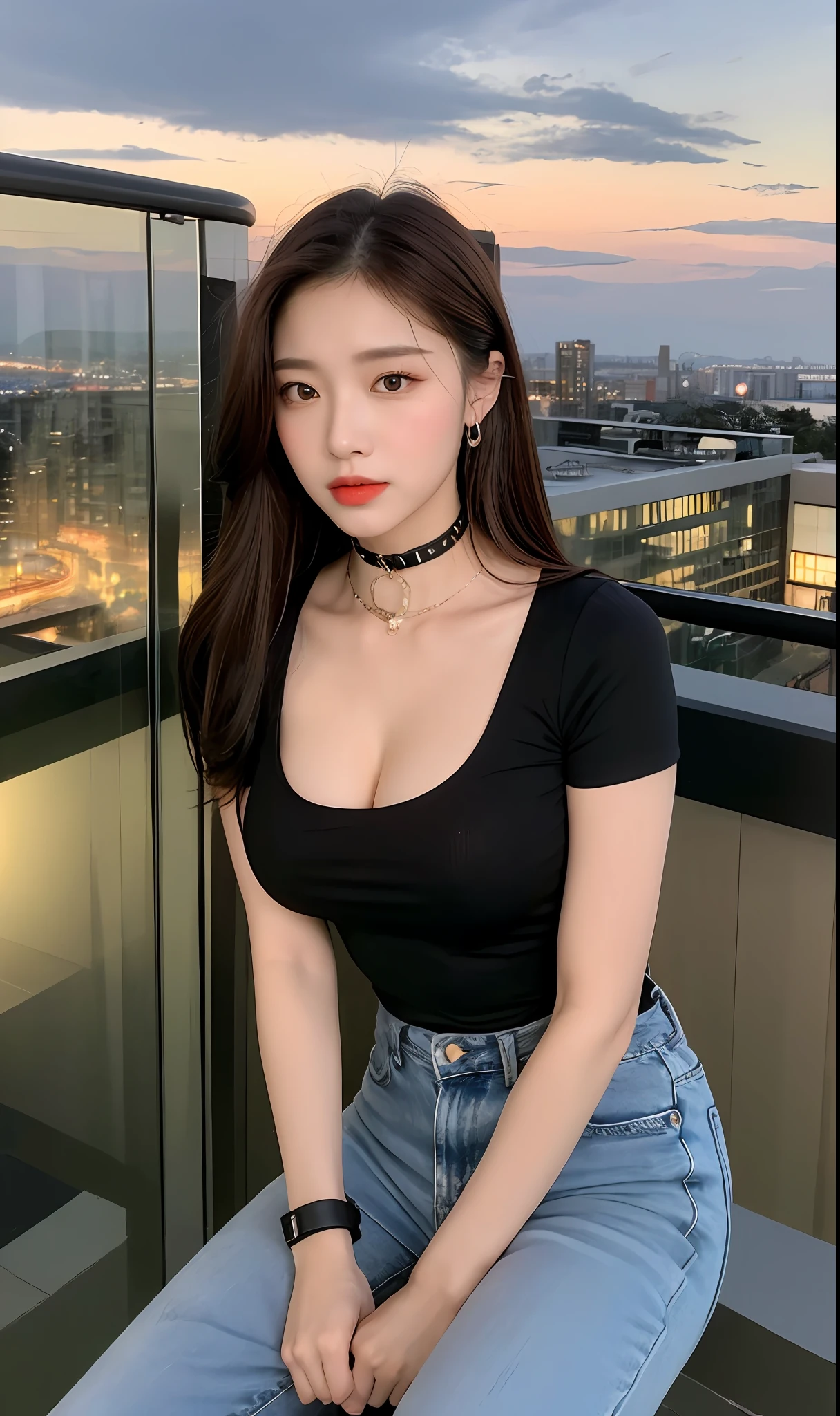 ((Midnight, Best quality, 8k, Masterpiece :1.3)), Whole body, Long legs, Sharp focus :1.2, A pretty woman with perfect figure :1.4, Slender abs :1.1, ((Dark brown hair, Big breasts :1.2)), (black tight tshirt, Jean bib, collar, black Bracelet :1.2), ((Night city view, balcony :1.3)), Highly detailed face and skin texture, Detailed eyes, Double eyelid,