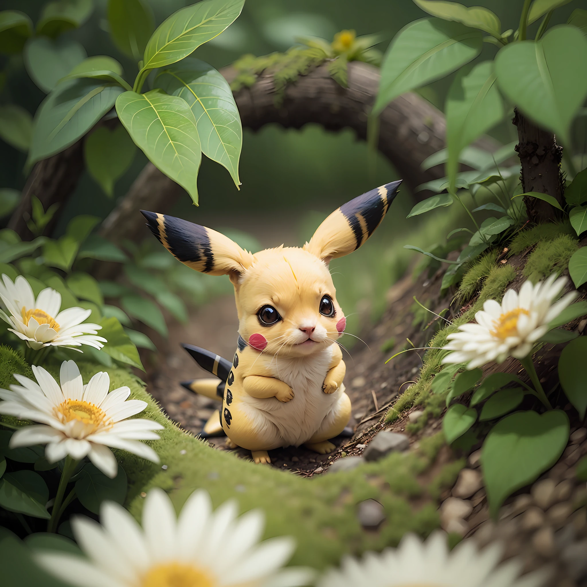 Pikachu portrait, blur, hyperreal, flower, nature, depth of field, to8contrast style