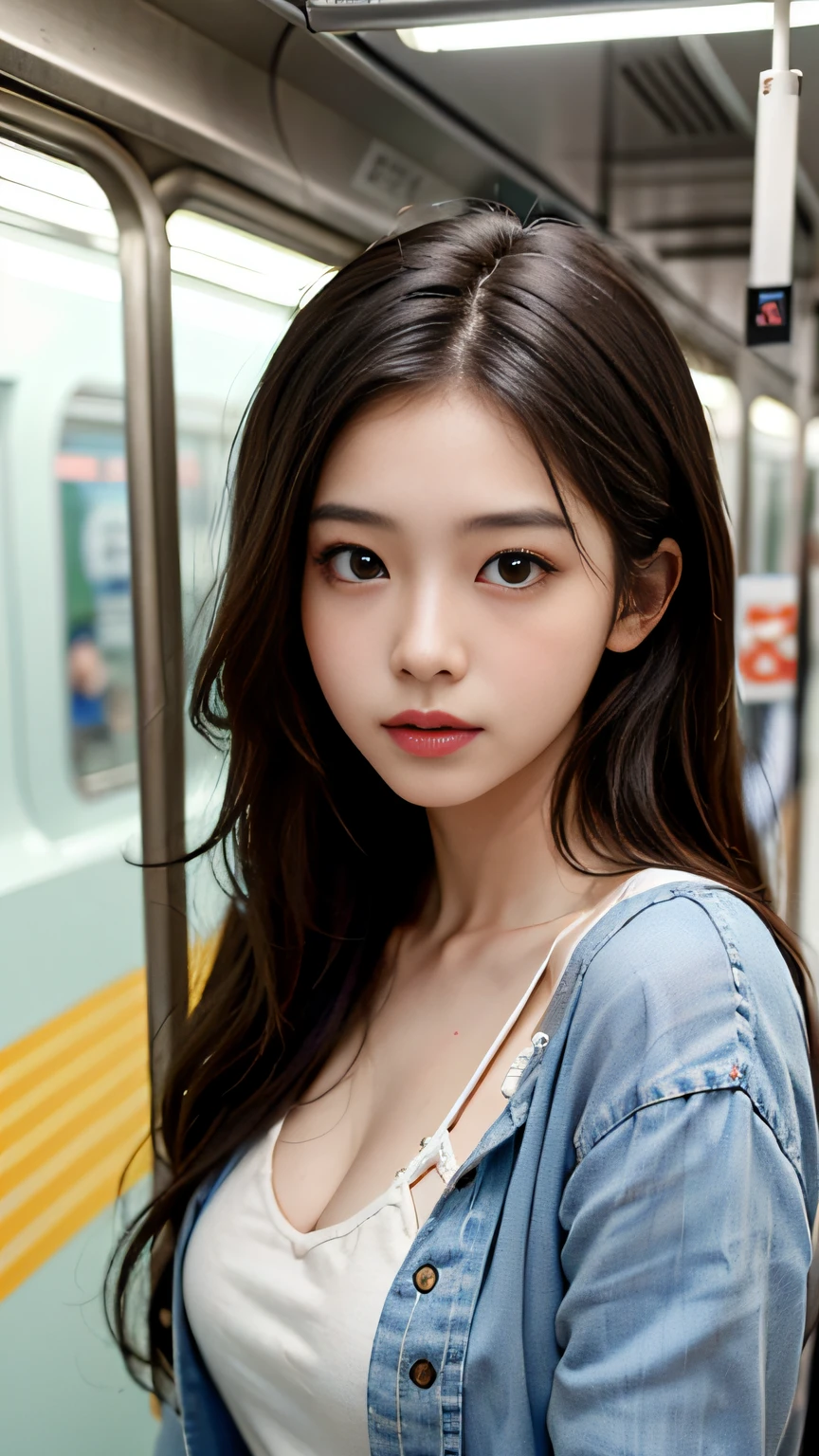 Slender Asian girl, kpop idol, ((in the subway)), ((top quality, 8k, masterpiece: 1.3)), crisp focus: 1.2, beautiful woman with perfect figure: 1.4, highly detailed face and skin texture, detailed eyes, skinny, beautiful face, symmetrical face, full-length, sexy, sitting