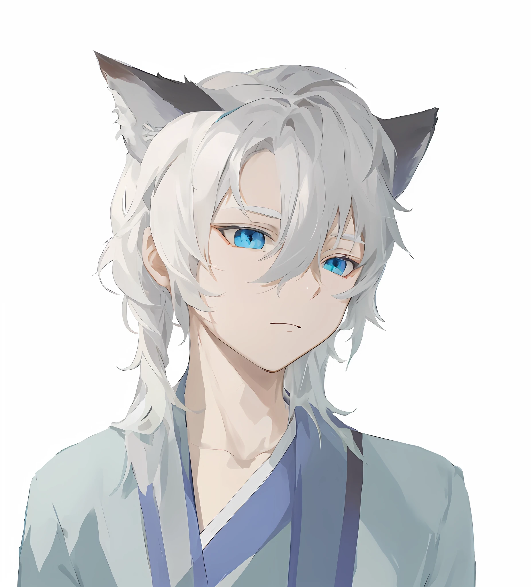 anime character with white hair and blue eyes wearing a cat ear, White-haired fox, yee chong silverfox, he has dark grey hairs, vector shaded anime, anime figure, 《genshinimpact》in the clear, as an anime character, inspired by Bian Shoumin, anime style character, Boy with cat ears and tail, heise jinyao，Plus a background