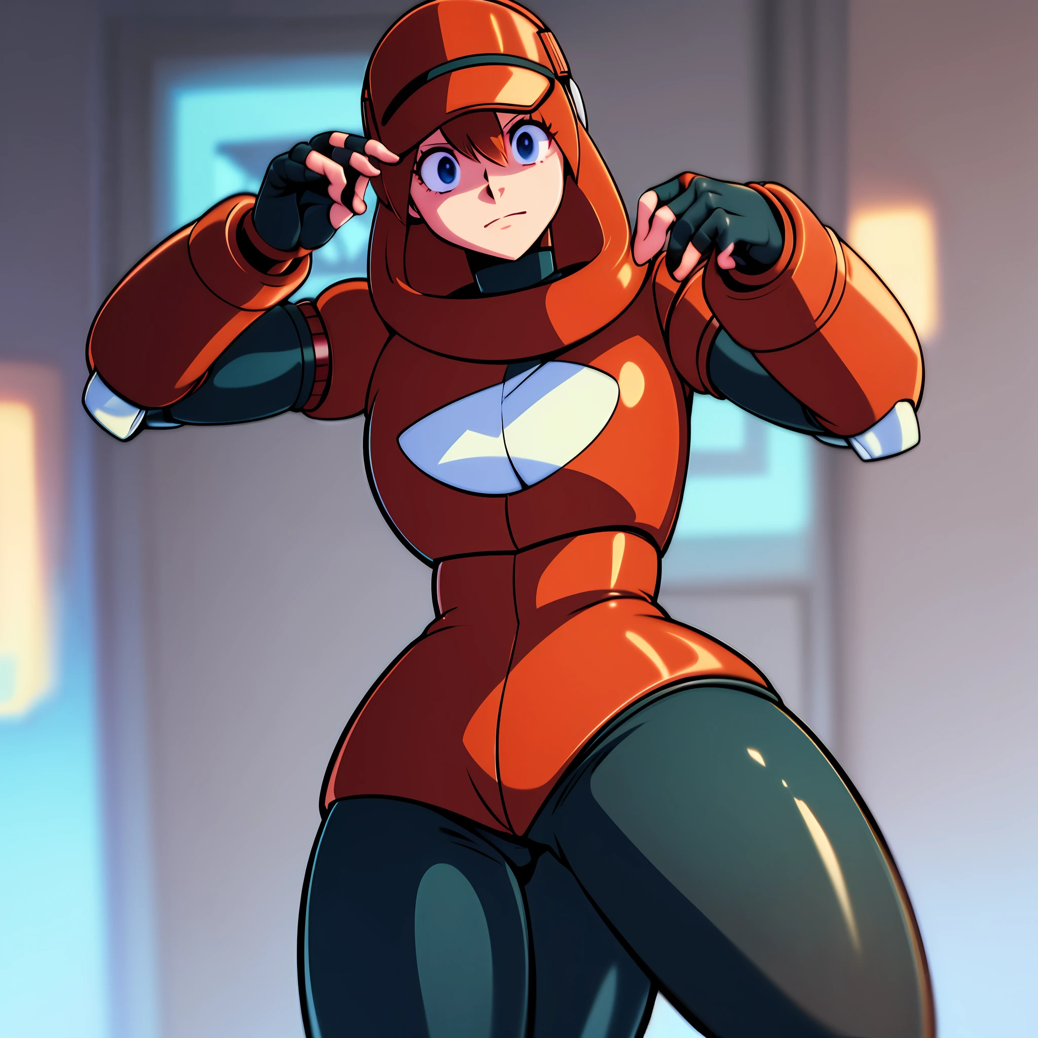 1Girl, Heavily armored, cybernetic visor, fingerless gloves, skirt, heavy cybernetic boots, heavy cybernetic arms, heavy cybernetic torso