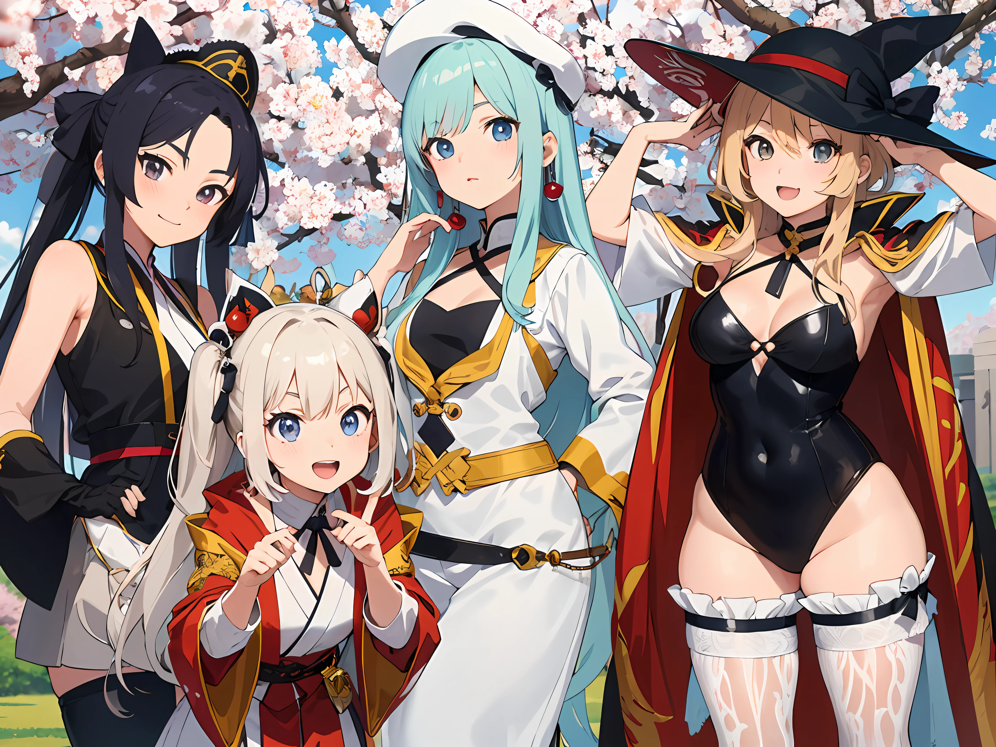 Anime character in costume and hat standing in front of a cherry tree、:14 80s anime style、babes４The human、anime in fantasy style、japanese anime style、anime styled、an anime girl、Ecchi anime style