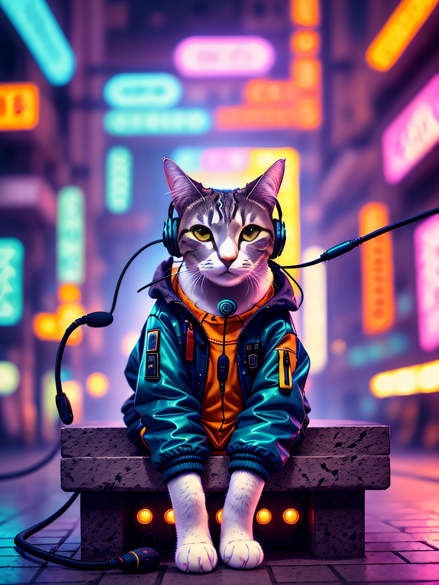 A cat with headphones and a jacket is sitting on a large lily leaf in a fountain. Cyberpunk and post-Soviet modernism  style themed. closeup view, neon lights., Pop art, Pixar, three sided view, UHD, anatomically correct, textured skin, super detail, high quality, 4K