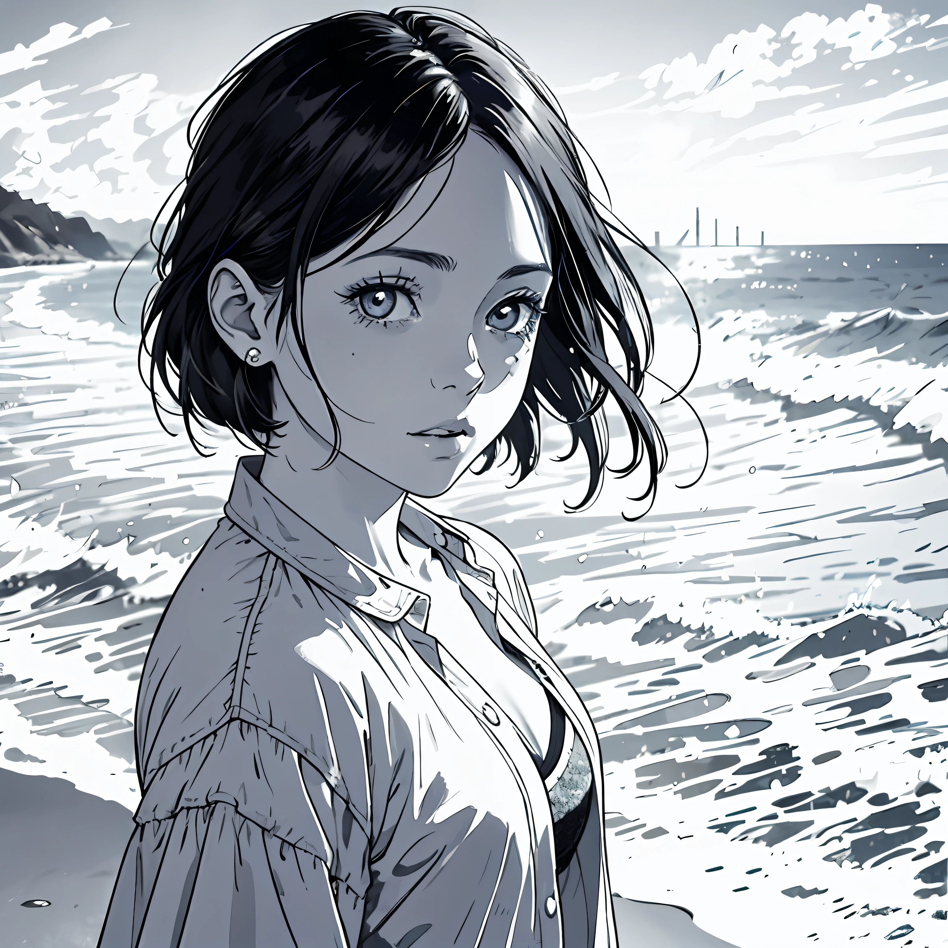 obra maestra, mejor calidad, A girl on the beach, primer plano Arte lineal, Monocromo