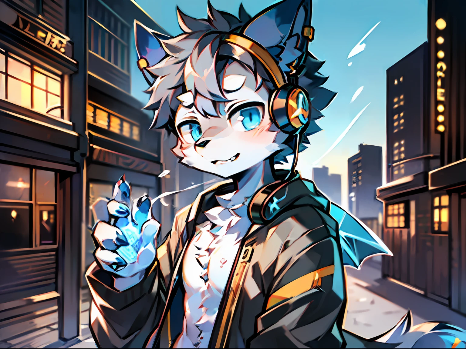 eyes with brightness, a panoramic view, Character focus ,Back Shadow,独奏,solo person, Correct human anatomy。male people,The eyes are blue,A pair of dragon wings, Gray hair(The long),Wear white ear headphones,There is a pair on the forehead(small nipple)Blue horn fluorescence,There was a boy by his side,festivity,at the street side,Take control of the magic,Ice floating in your hands,Young style,Height one meter seven,Handsome, There is a wolf tail,Hi-Def,8K,1440*2048