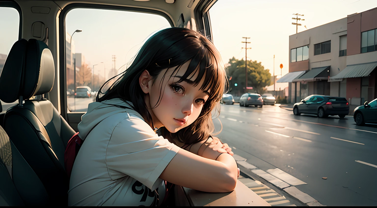 A pure female high school student looks out the car window at Makoto Shinkai anime-style picture --auto