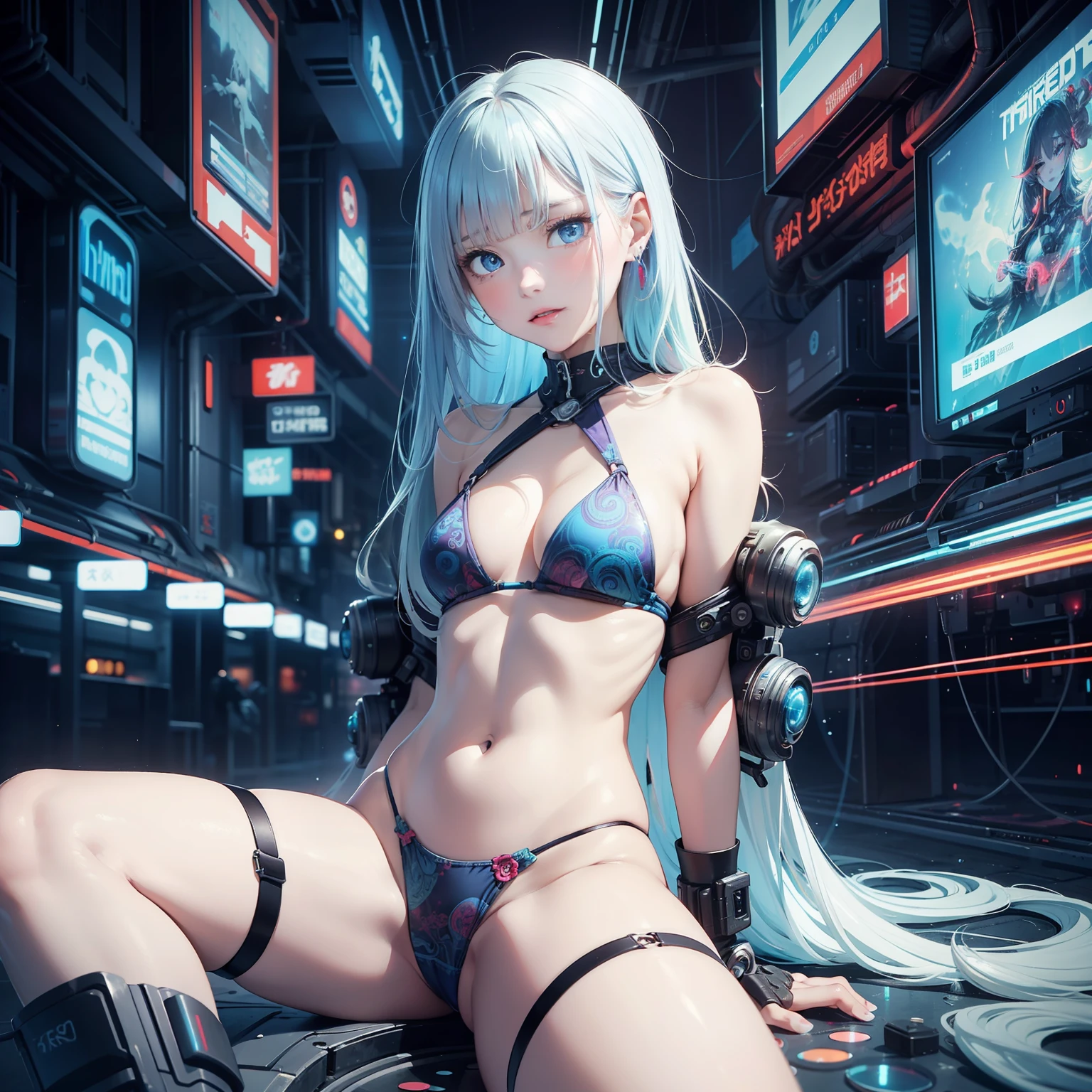Masterpiece, Best Quality, Girls, Slender, Blue Eyes, Hair Color, Iridescent, Long Hair Spreading, White Skin, Medium, Cute, Sexy, Near Future, Cyberpunk, Bikini, Exposed Skin, Night, Psychedelic, Trip, Extreme Color, Paisley Theme, Open Legs, Mechanical Left Arm, Full Body