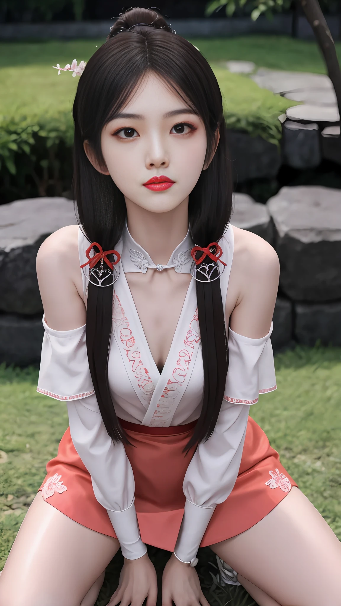 Fashion trendy beautiful and charming woman, gentle and charming Chinese beautiful woman, Korean(kpop-idol), delicate and sexy collarbone, charming oval face, double eyelids, smart [peach]blossom eyes, pink lips, small nose, bare shoulders, focus on the face, close-up of the face, Ultra-high-definition, super-detailed, the ((loose)), white off-the-shoulder shirt perfectly echoes the light blue high slit miniskirt, (chest cutout). ((black)lace panties), fresh and impressive, Natural(big breasts:1.25), (kneeling to sitting on the ground), (open your legs wide), ((spread legs)), from below angle, (glossy skin, sweaty:1.4), low angle , BDSM, Perfect figure, (nsfw:1.2)