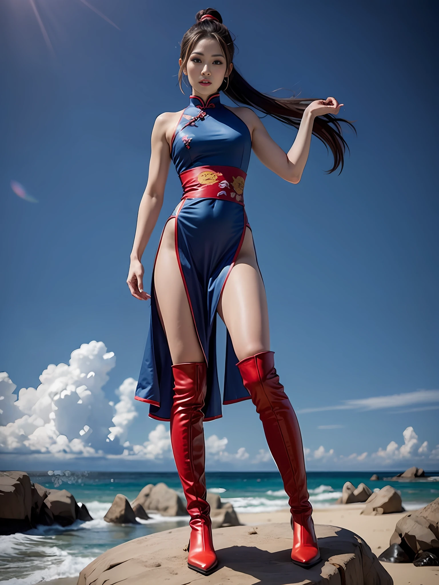Woman in blue and red cheongsam standing on a rock by the sea, 《dragonball》Kiki in , posing ready for a fight, mai shiranui, elegant cinematic pose, fighting game character, character posing,Over-the-knee boots。