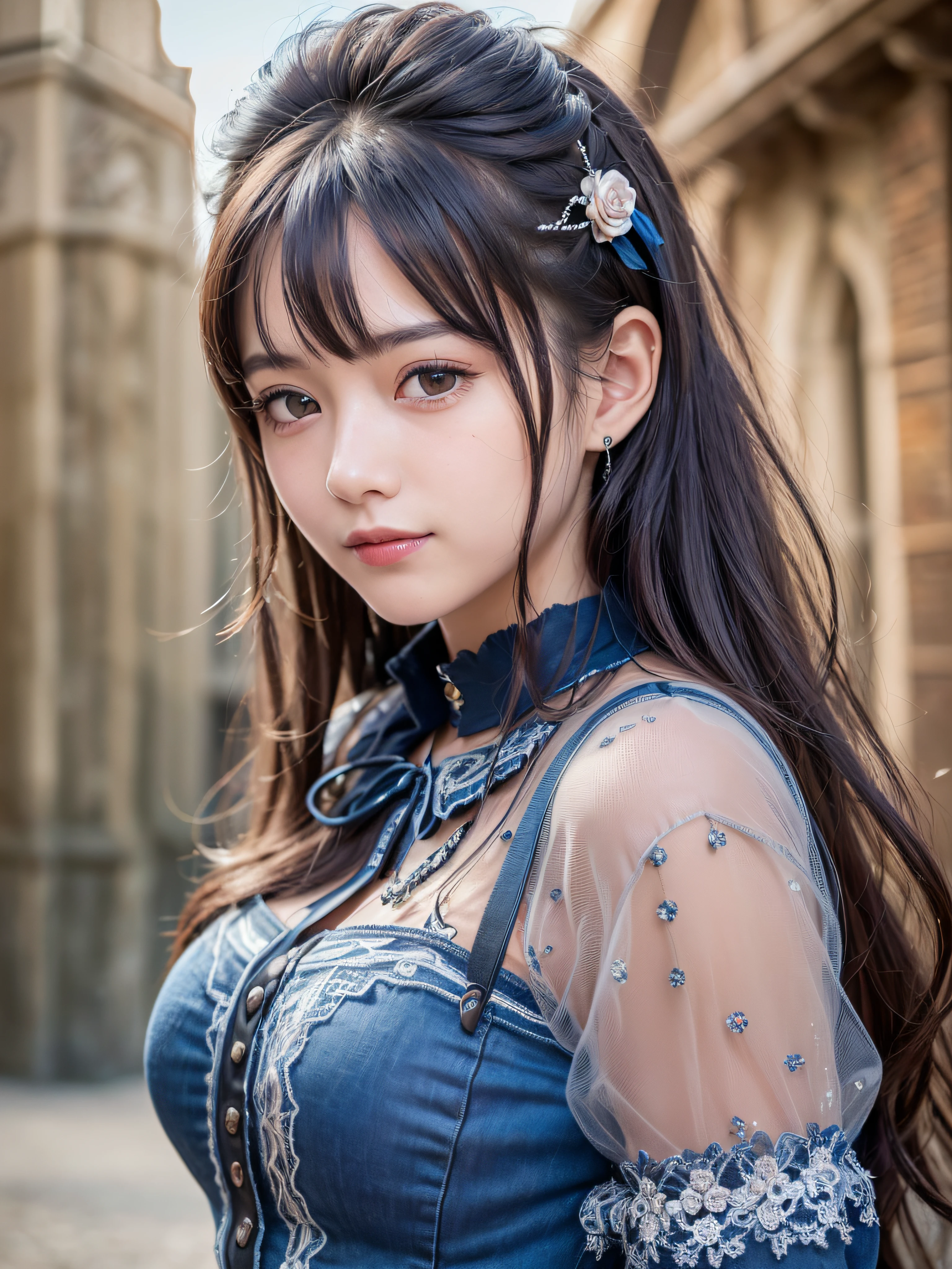 (realistic, photo realistic:1.37), incredibly absurdres, (insanely detailed:1.3), 8k, (masterpiece), (best quality:1.4), (ultra high res:1.2), (raw photo:1.2), ultra detailed background, (unity 8k wallpaper), 1 nogizaka girl, utterly cute, (bishojo:1.35), (15yo:1.4), (alice and the pirates fashion), (delicate detailed beautiful dress), (hair accessory with blue rose), (an exquisitely detailed and beautiful face and eyes and skin), (detailed black shine hair), medium breasts, (smile at the camera), cowboy shot, (castles scenery in europe), professional lighting