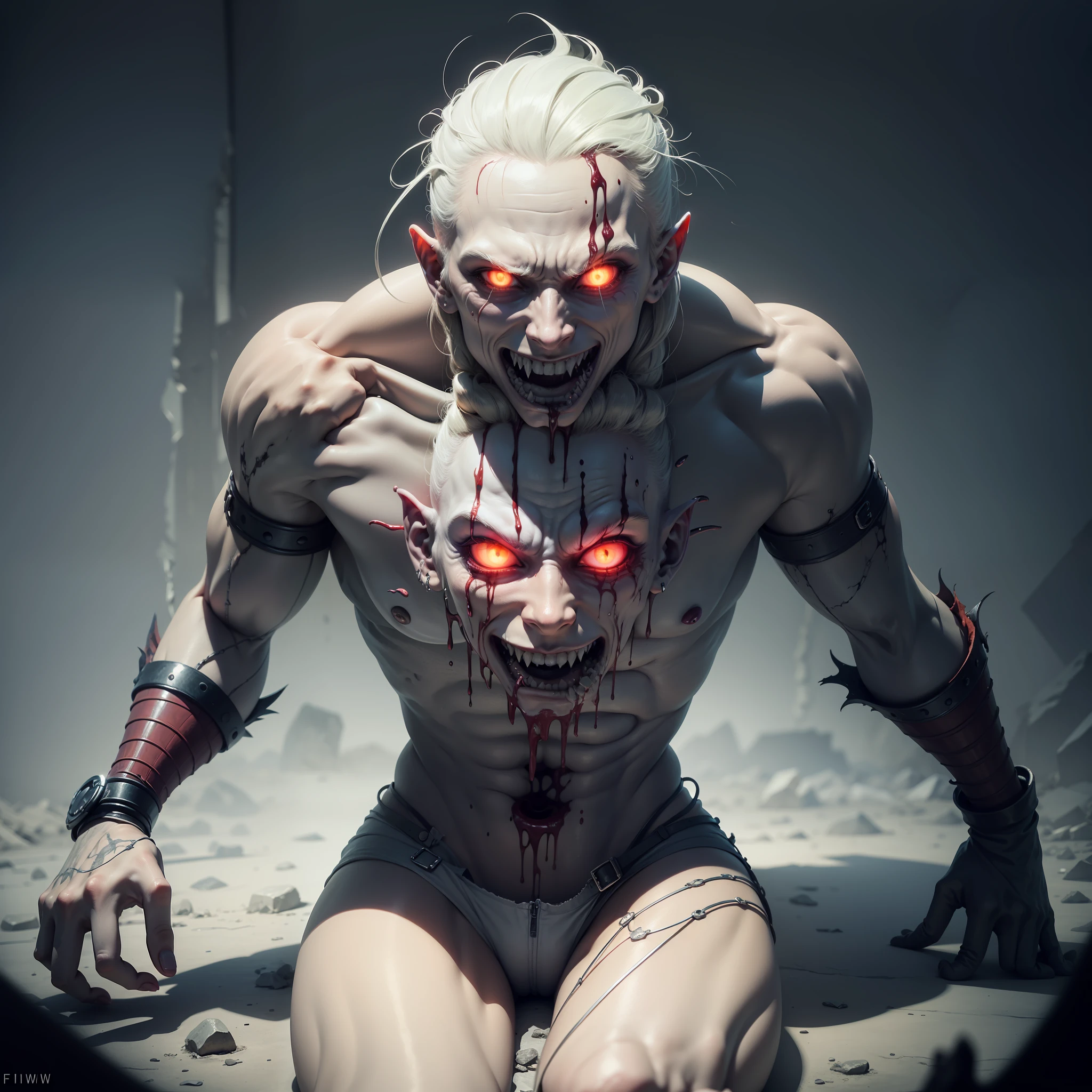 PromptGPT: Create an image of an albino vampire, named Fien, that exudes horror and terror. Fien should be depicted with unnaturally pale skin, long and sharp fangs, and glowing red eyes that seem to pierce the soul. The overall mood of the image should be dark and ominous, with a sense of danger and dread emanating from Fien. The image should be composed with Fien in the center of the frame, with a desolate and eerie background that emphasizes the horror of the scene. The desired image quality should be ultra-high resolution, with deep shadows and rich textures that add to the sense of horror and dread. The composition should be carefully balanced to create a sense of unease and disorientation, drawing the viewer deeper into the nightmare of Fien the albino vampire.