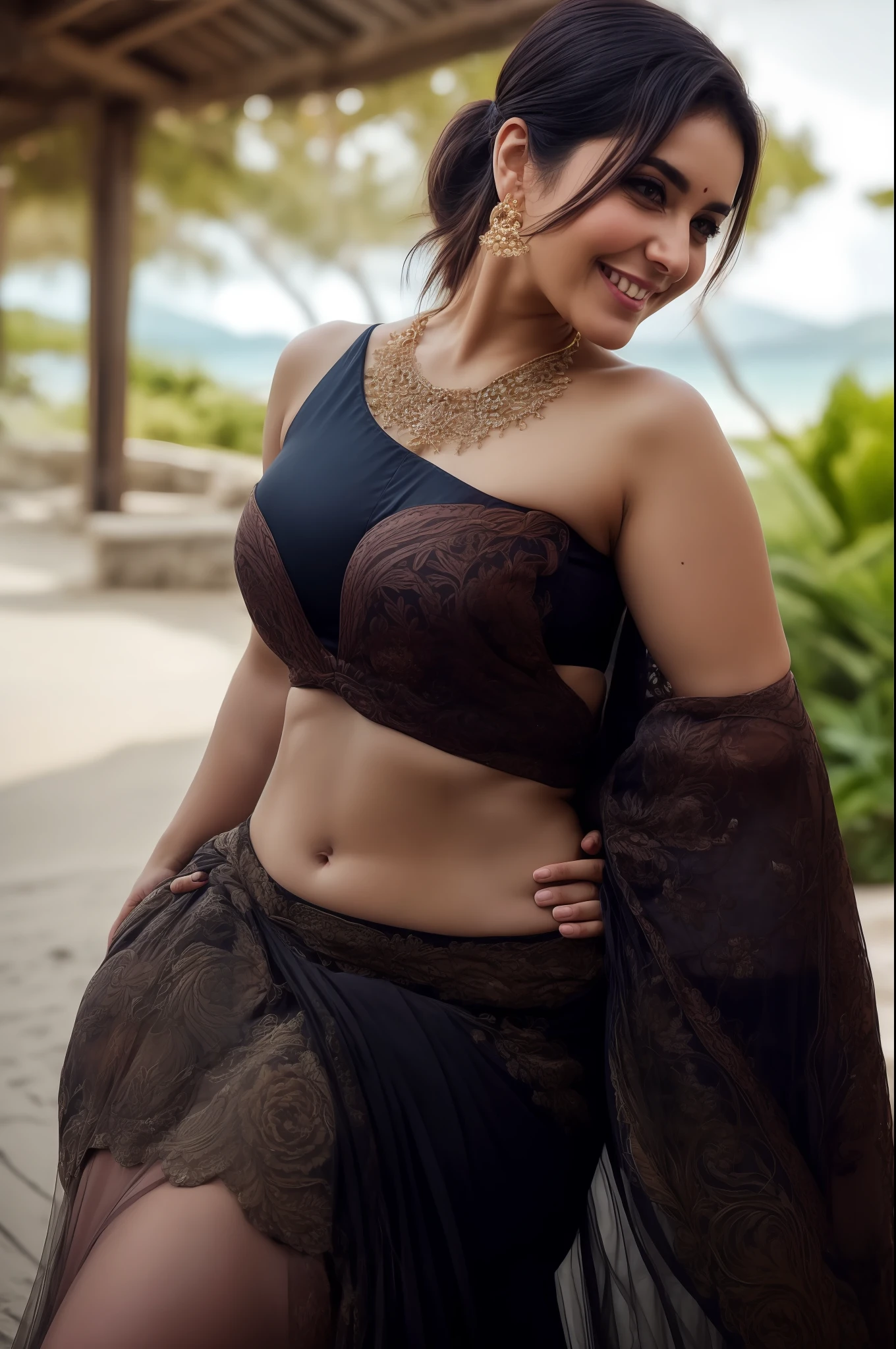 Happy latina, black see through Saree, full body, curvy, voluptuous figure, massive cleavage, high ponytail, posing in a beach, chin up, day scene, breasts visible show, 90% breasts popping out, hourglass figure, massive breasts, nipple visible, seductive face, look at camera and smile, erotic adult face, 40 yo, soft volumetric lights, intricate details, (ArtStation:1.2)