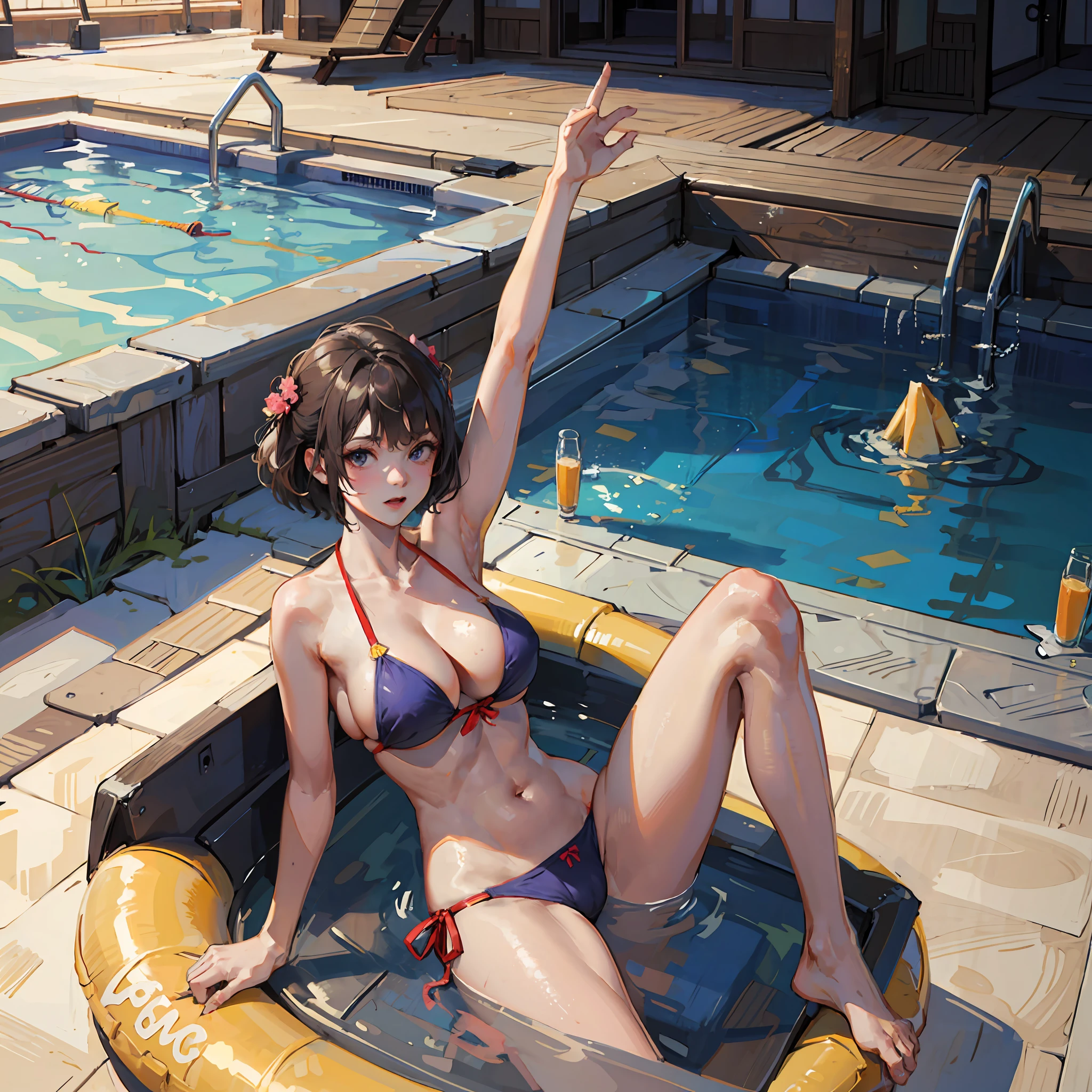 High 、Scroll swimwear、HugeBoobs、beautifull face、short-hair、The pubic area is clearly visible from the top of the swimsuit、opening legs、Japanese people、((backgrounds)) Rooftop Pool、(8K、Raw photography、Masterpiece) --auto