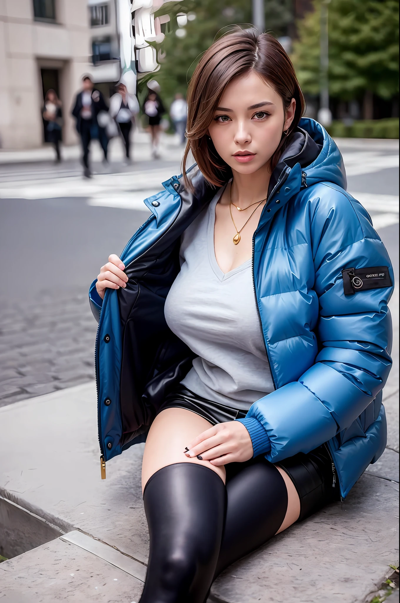 a woman, (wearing blue oversized_puffer_jacket:1.3), Lie down on the grass, Overhead camera, sharp focus, handsome,plump legs, skinny,professional lighting,city, eyelines,gold necklace,rendered eyes,tall body,adult woman,hair ornament,instagram most viewed,official wallpaper, official art,(kpop idol), mini skirt, half-closed eyes,building,((photorealistic painting art by midjourney and greg rutkowski)),((supermodel)), thighhighs, leather boots