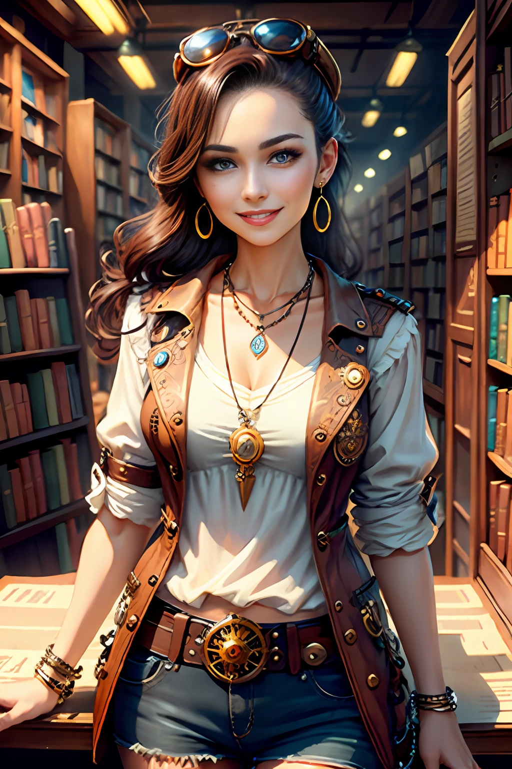 Steampunk, steampunk, smiling woman in a small bookstore, necklaces, earrings, bracelets, chains, shirts, vests, belts